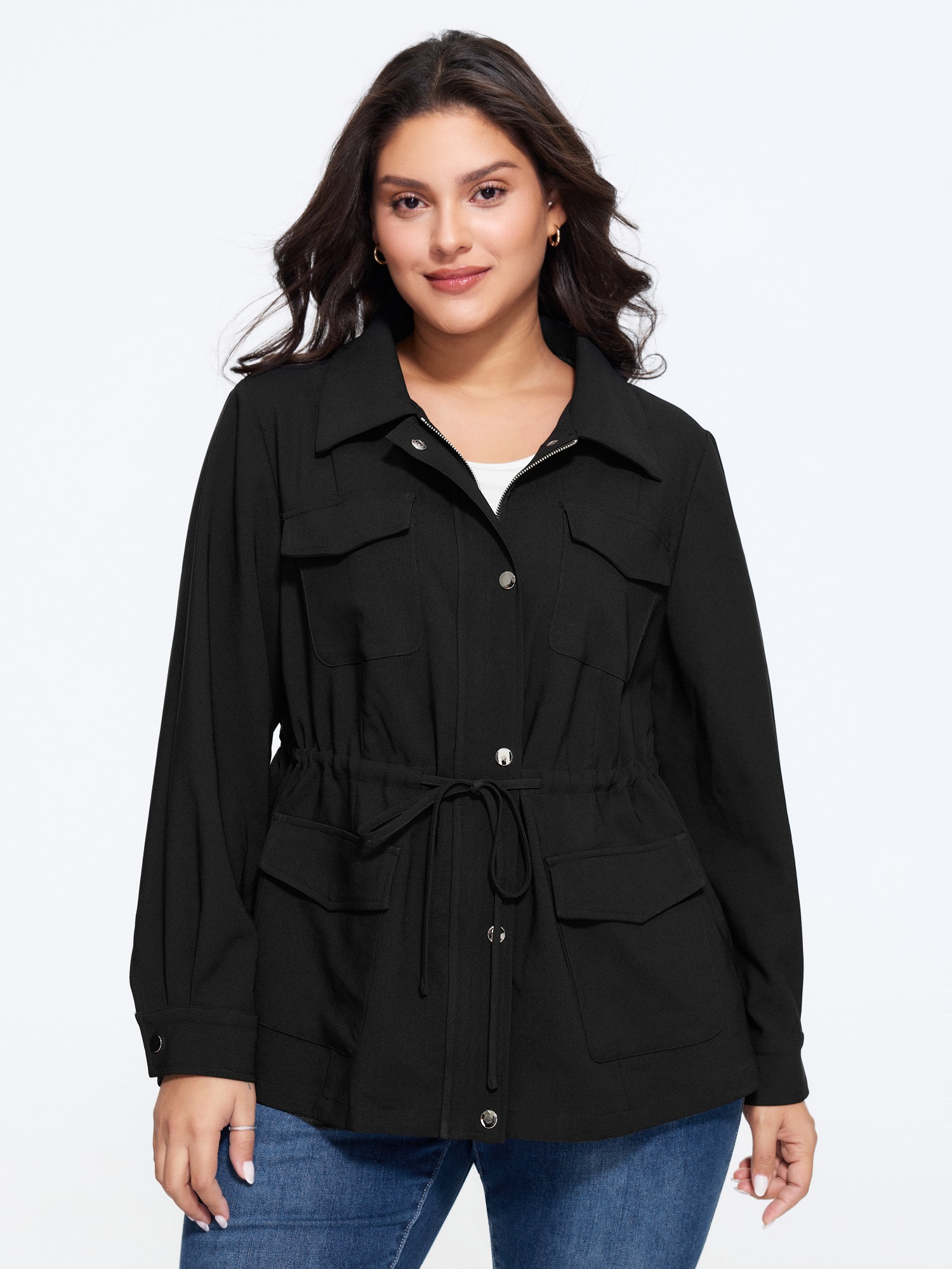 BloomChic Women's Plus Size Drawstring Waist Zip‑Up Button Down Jacket Black Button Front Straight fit 10/M