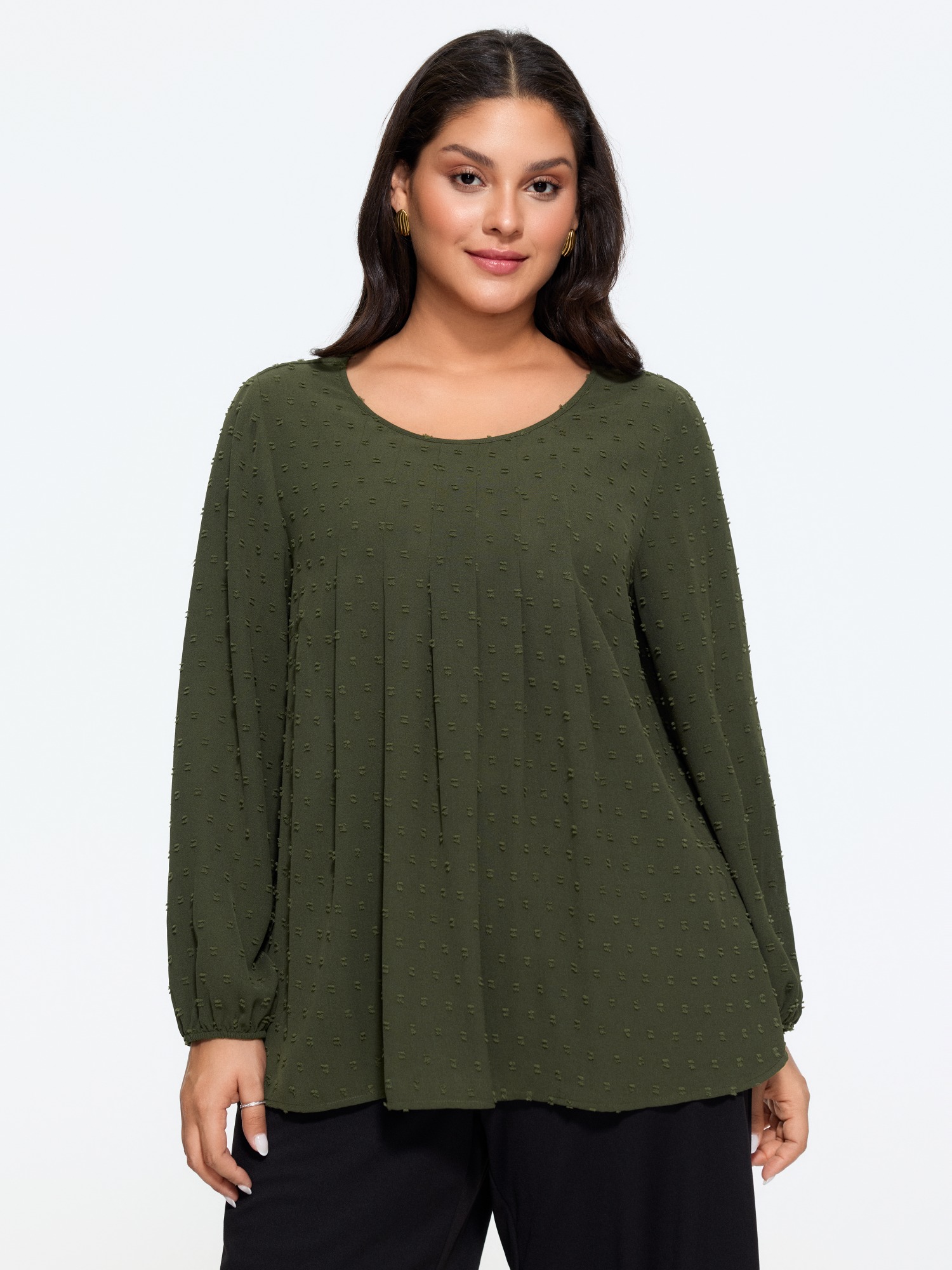 BloomChic Women's Plus Size Textured Round Neck Pleated Front Blouse Four Leaf Clover Solid Everyday-Elegant Long Sleeve Round Neck 30/6X