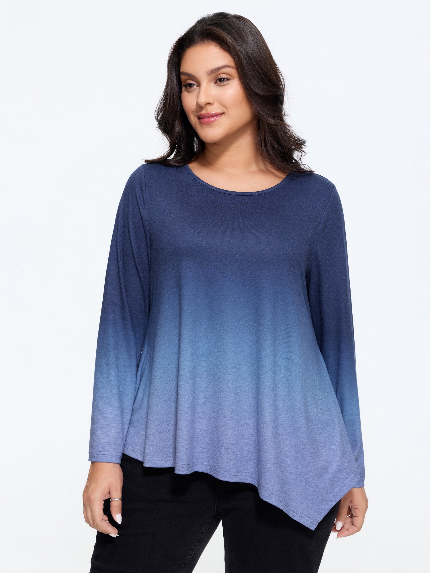 BloomChic Women's Plus Size Supersoft Stretch Ombre Asymmetrical Hem T-Shirt Surf the Web Ombre Everyday-Casual Long Sleeve Round Neck 18-20/2X