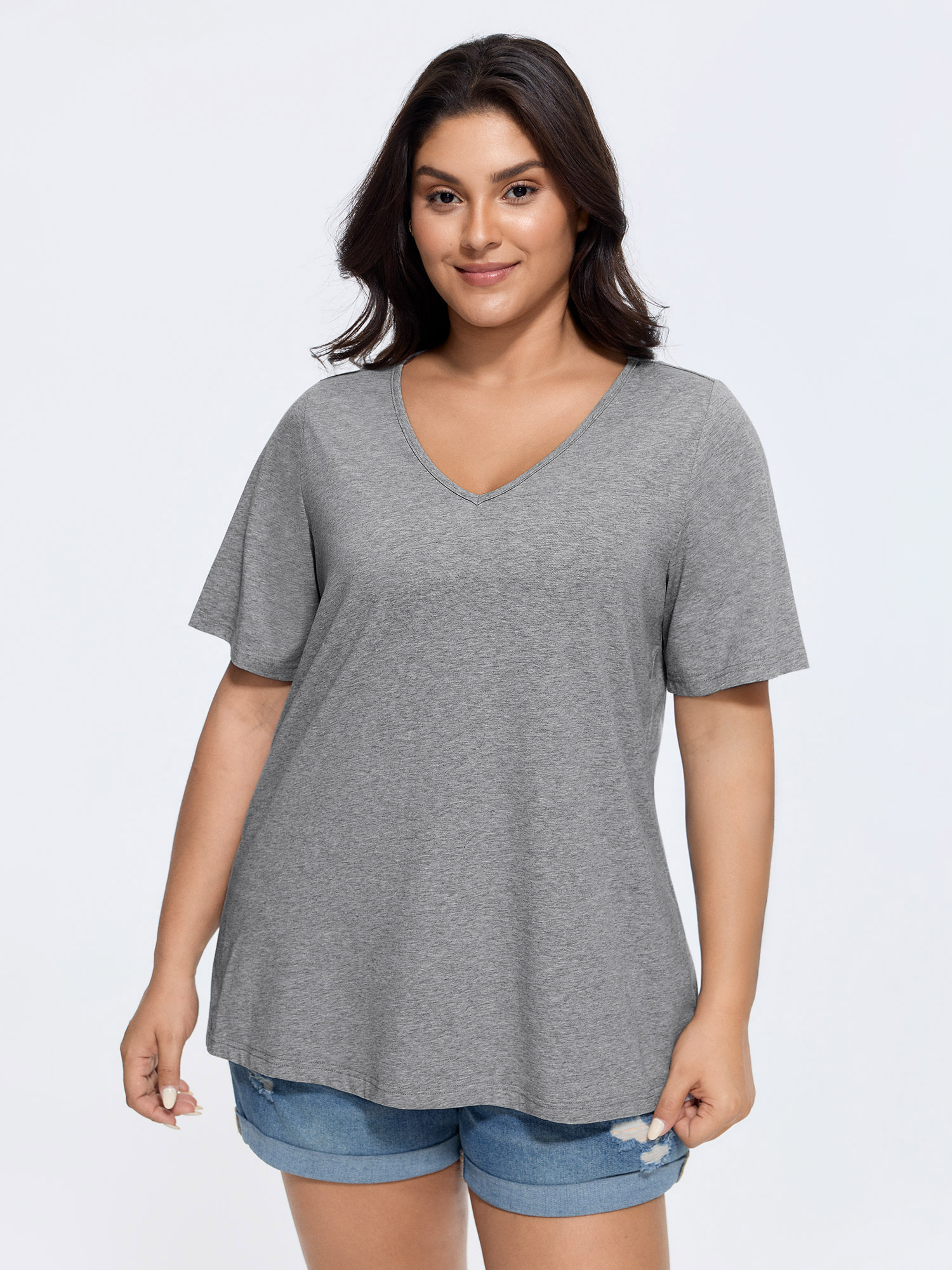 BloomChic Women's Plus Size Cotton V Neck Plain Basic T-shirt Charcoal Gray Solid Everyday-Casual Half Sleeve V-Neck 10/M