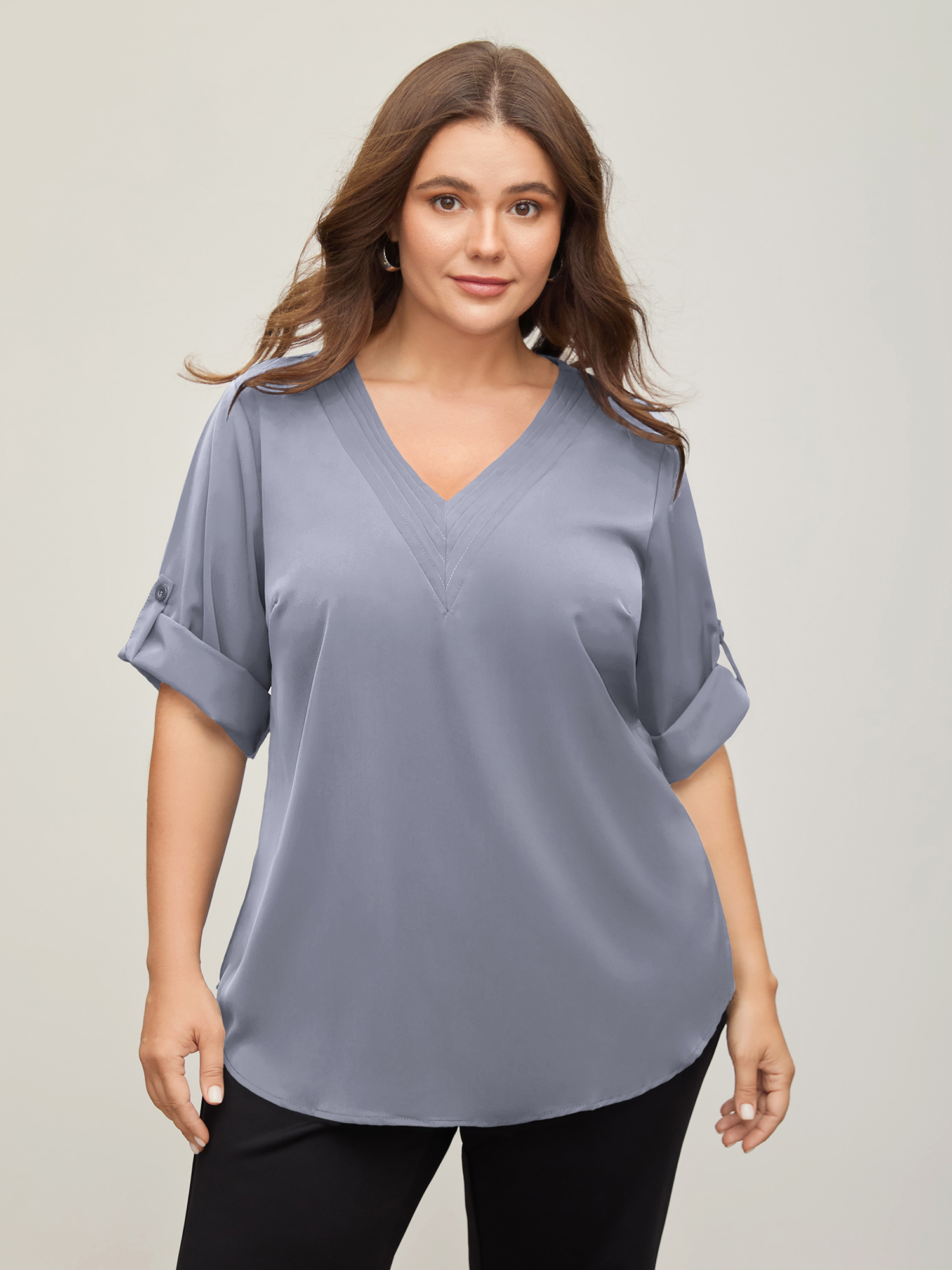 BloomChic Women's Plus Size V Neck Plain Pleated Tab Sleeve Blouse Blue Heaven Solid Office 3/4 Sleeve V-Neck 10/M