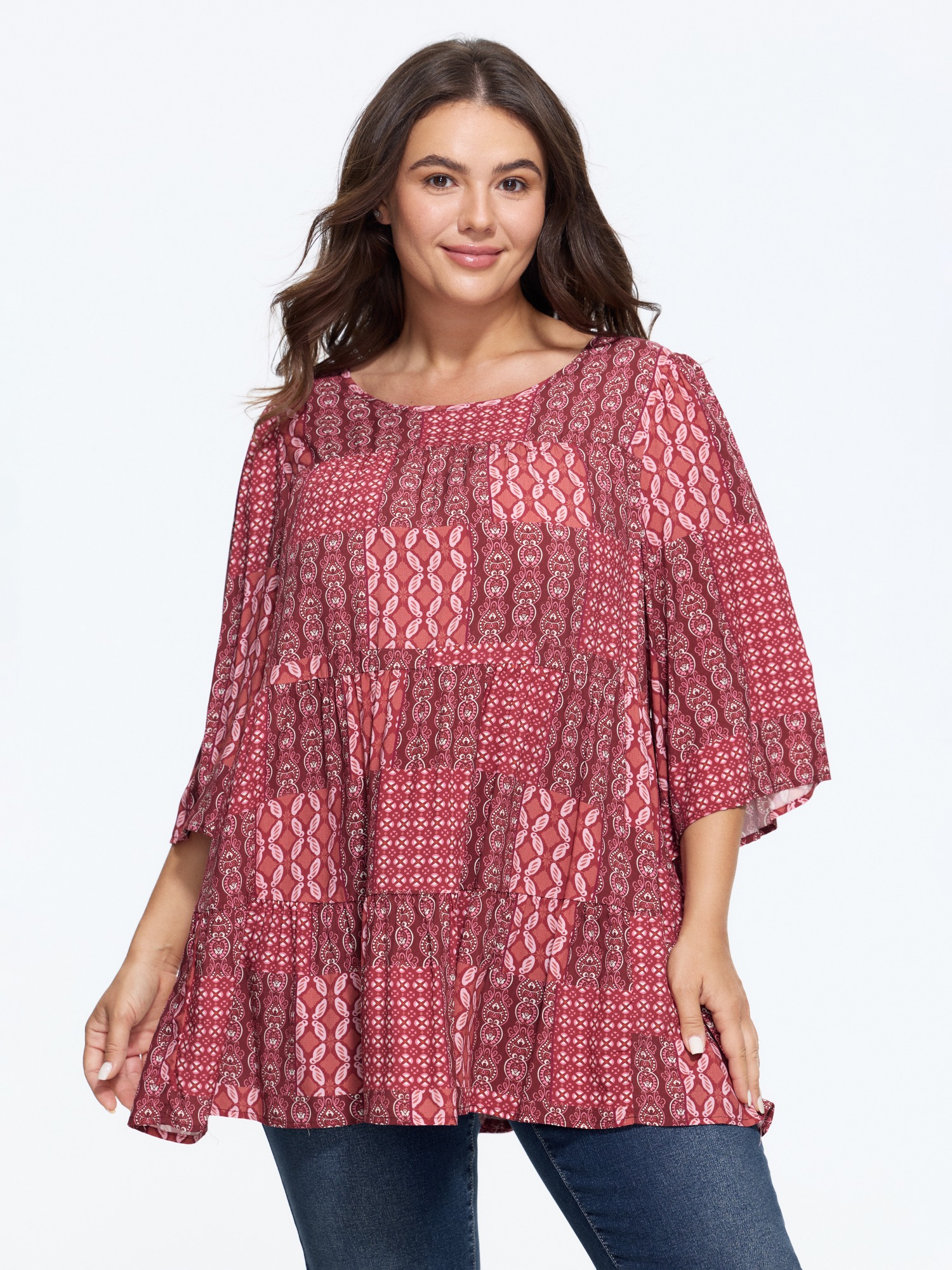 BloomChic Women's Plus Size Boho Print Round Neck Tiered Blouse Russet Paisley Everyday-Casual 3/4 Sleeve Round Neck 26/4X