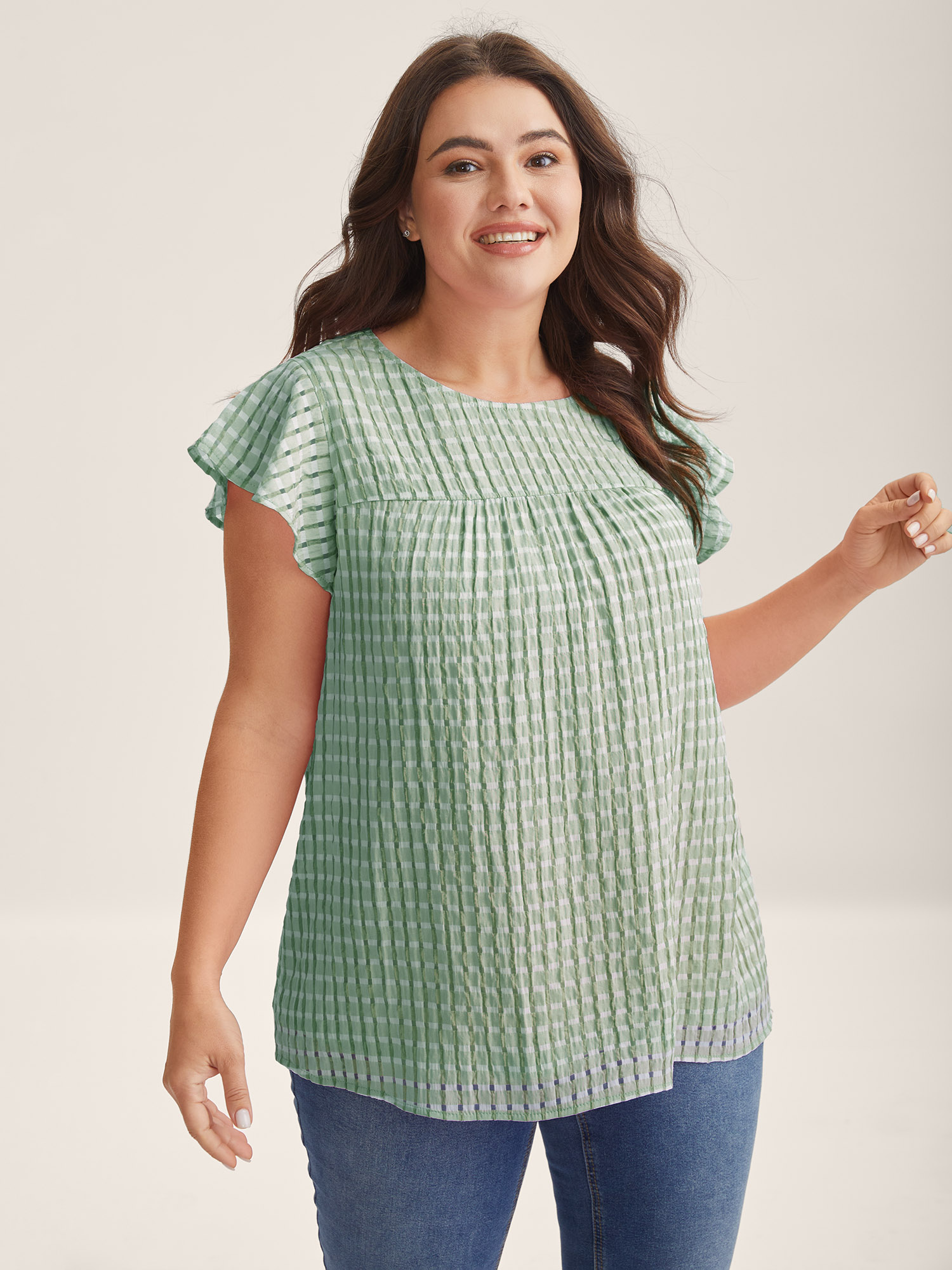 BloomChic Women's Plus Size Textured Sheer Lined Flutter Sleeve Blouse Greenbean Solid Everyday-Casual Short sleeve Round Neck 10/M