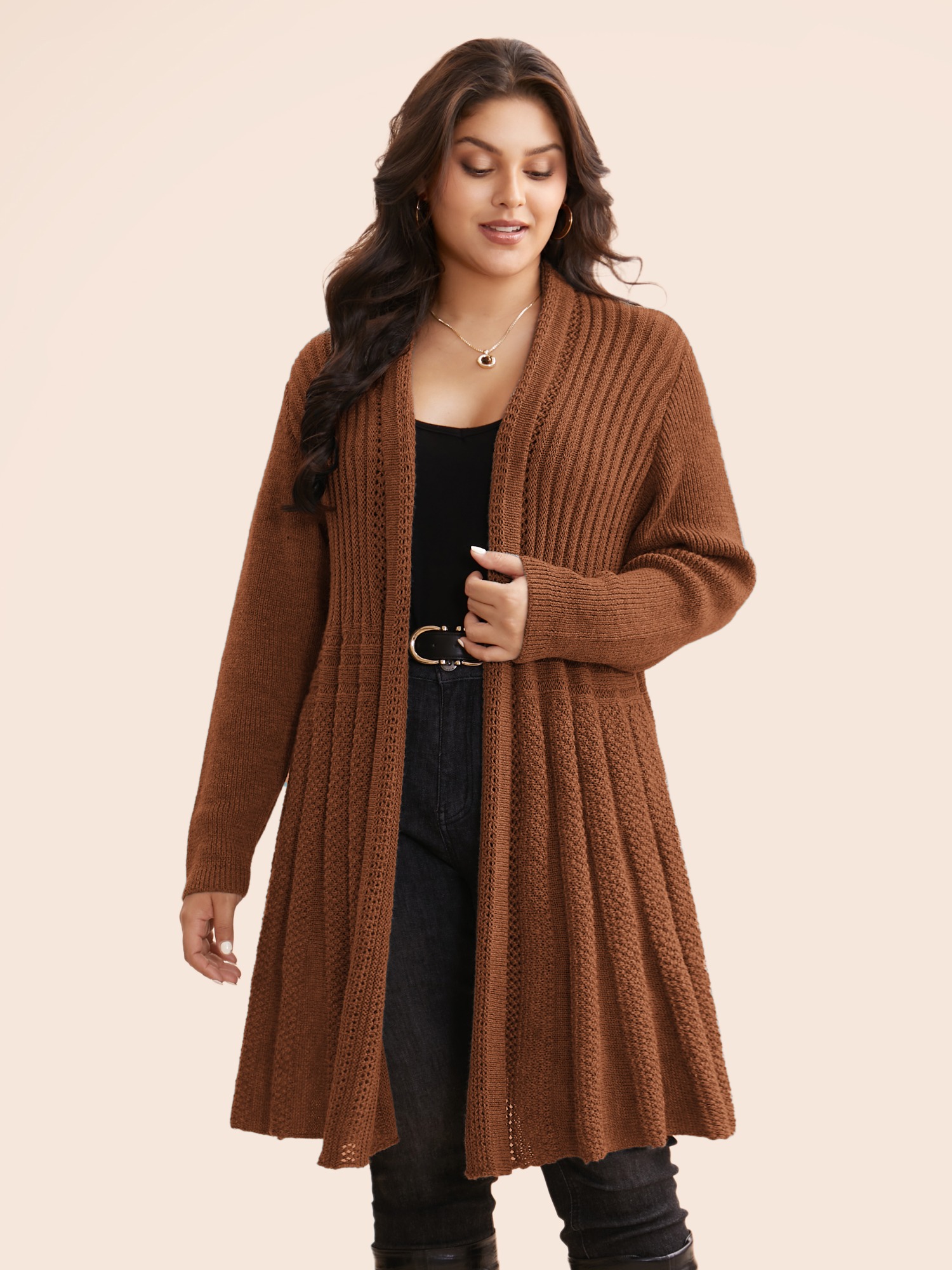BloomChic Plus Size Textured Kimono Collar Long Cardigan - Curve Women's Winter V-Neck Fit & Flare Smocked Root Beer Open Front Cardigans 18-20/1X