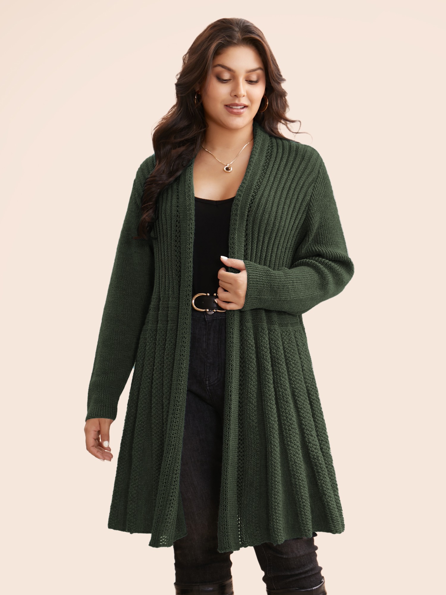 BloomChic Plus Size Textured Kimono Collar Long Cardigan - Curve Women's Winter V-Neck Fit & Flare Smocked Rifle Green Open Front Cardigans 14/M