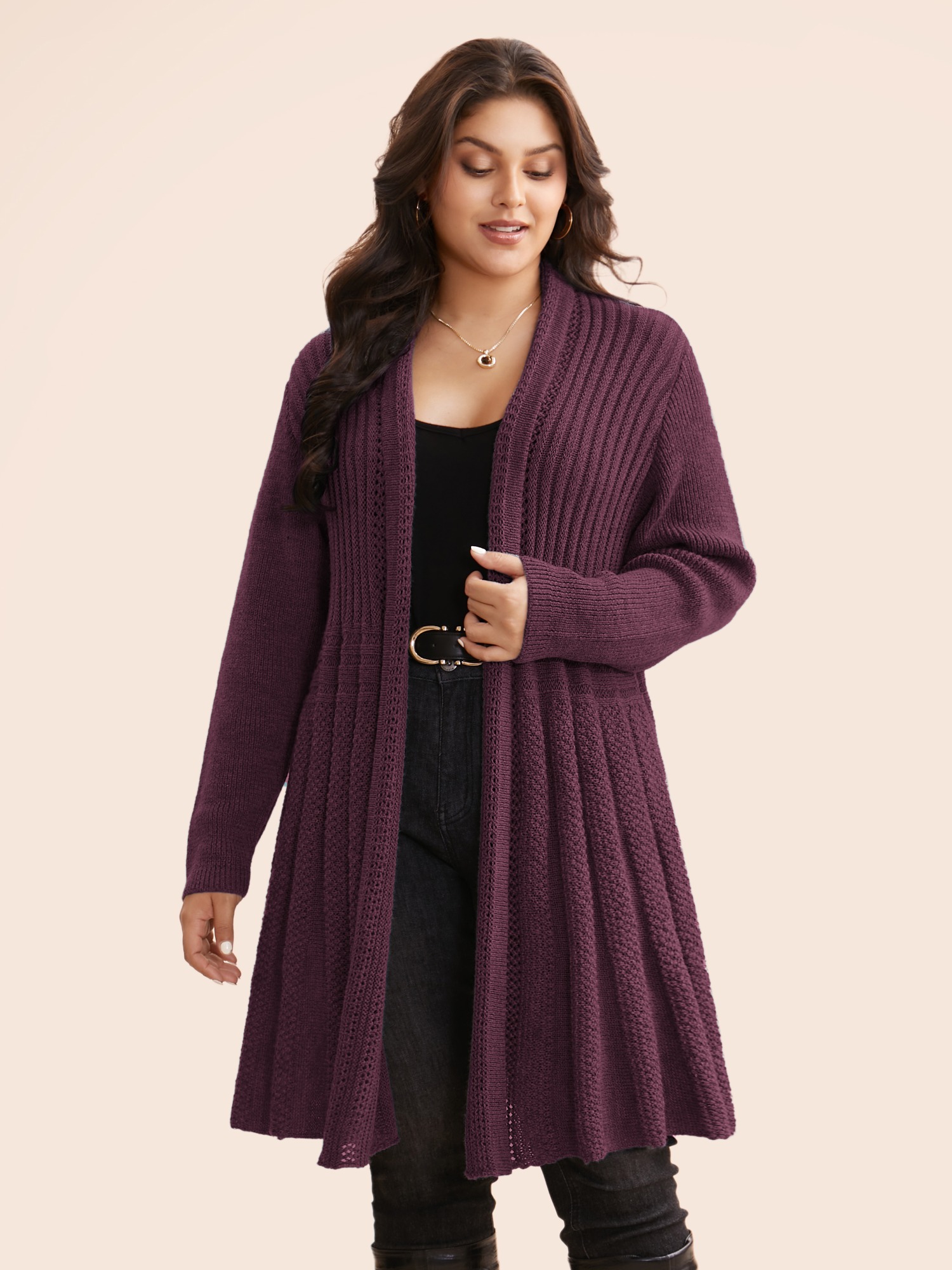 BloomChic Plus Size Textured Kimono Collar Long Cardigan - Curve Women's Winter V-Neck Fit & Flare Smocked Merlot Open Front Cardigans 14/M