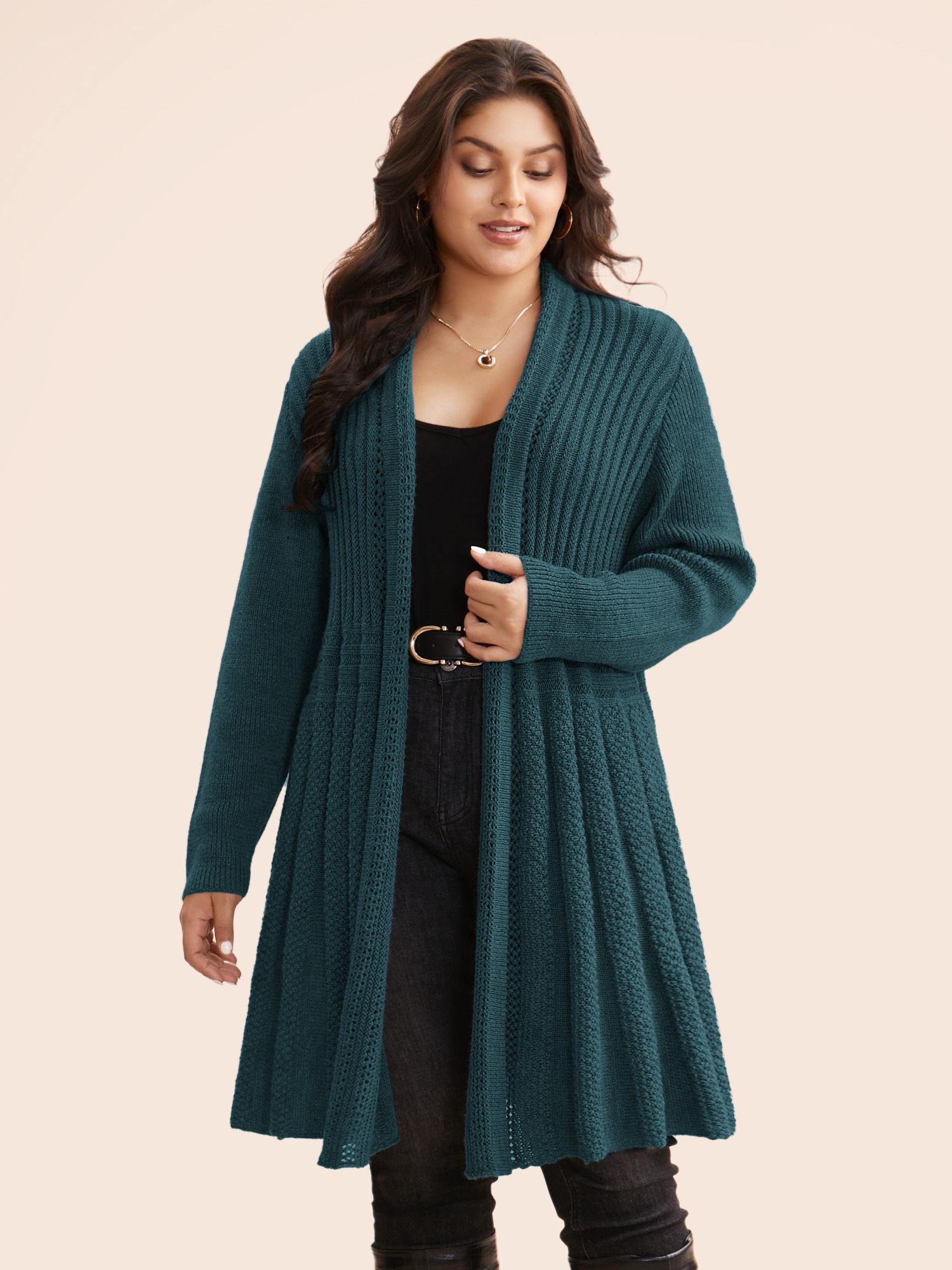 BloomChic Plus Size Textured Kimono Collar Long Cardigan - Curve Women's Winter V-Neck Fit & Flare Smocked Evergreen Open Front Cardigans 14/M