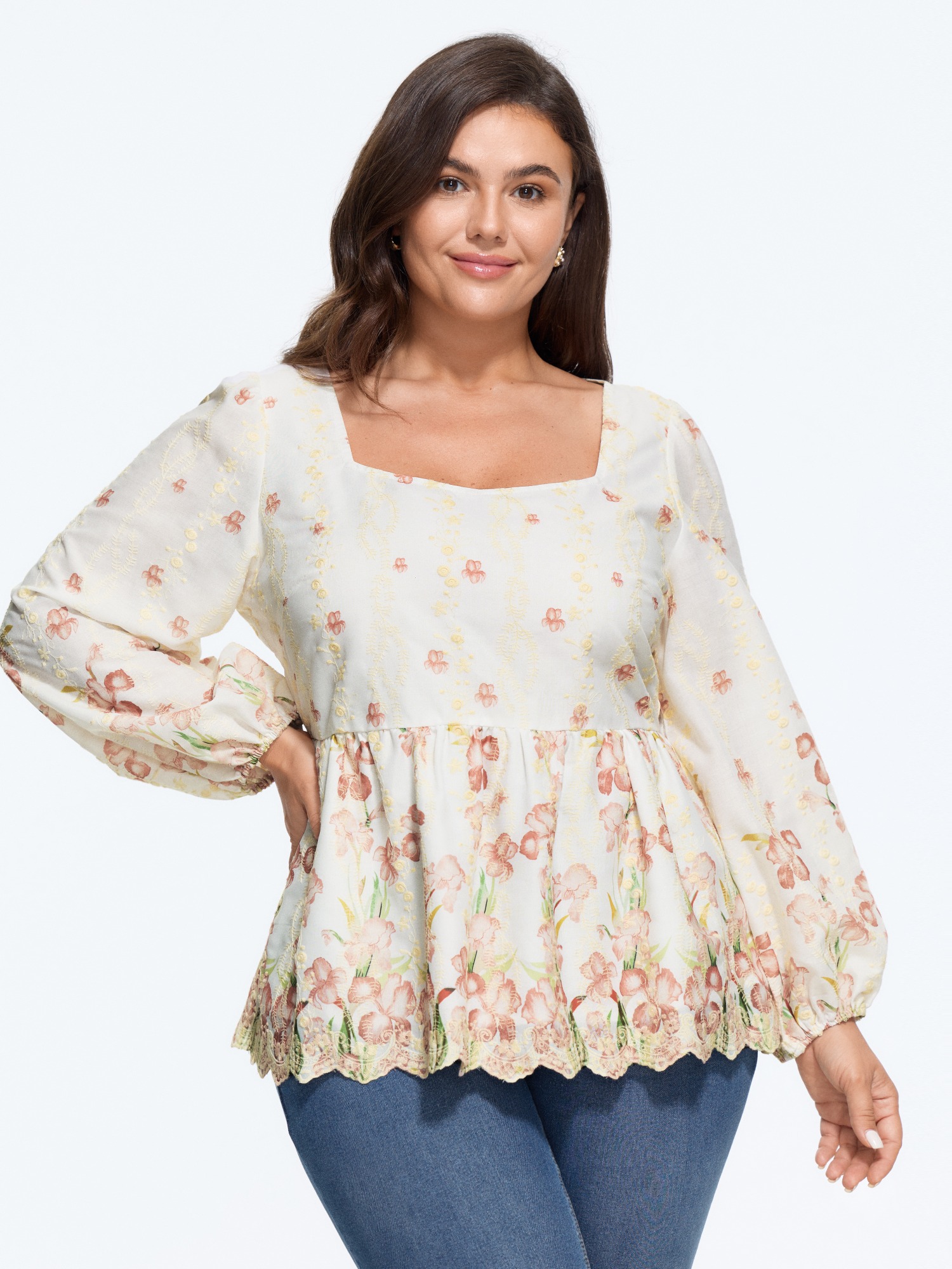 BloomChic Women's Plus Size Square Neck Floral Embroidered Babydoll Blouse Dirtypink Floral Everyday-Elegant Long Sleeve Square Neck 22-24/3X