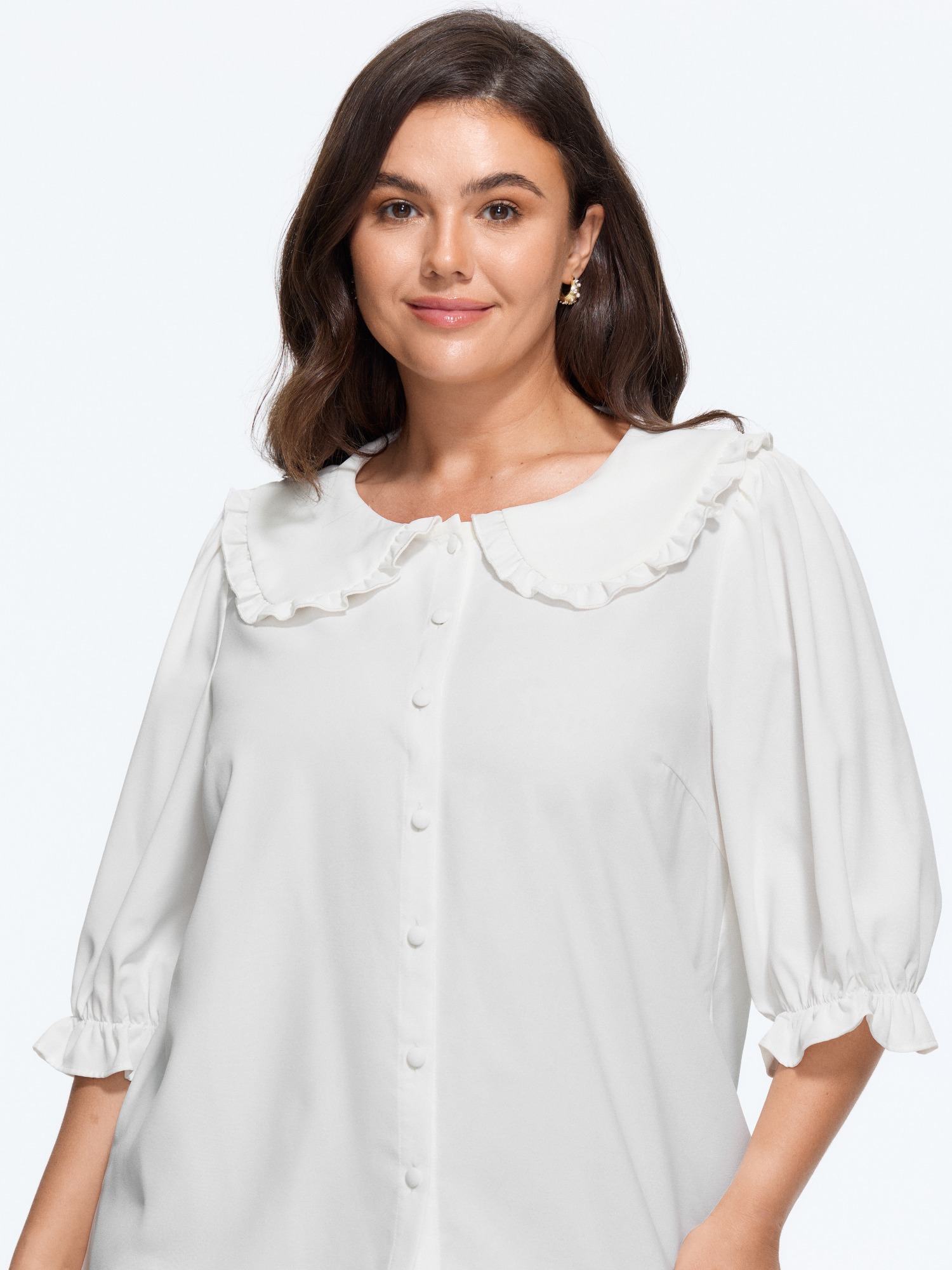 BloomChic Plus Size Peter Pan Collar Puff Sleeve Ruffle Blouse - Women's Opticwhite Solid Ruffle Trim Neck 3/4 Sleeve Elegant Blouses 14/M