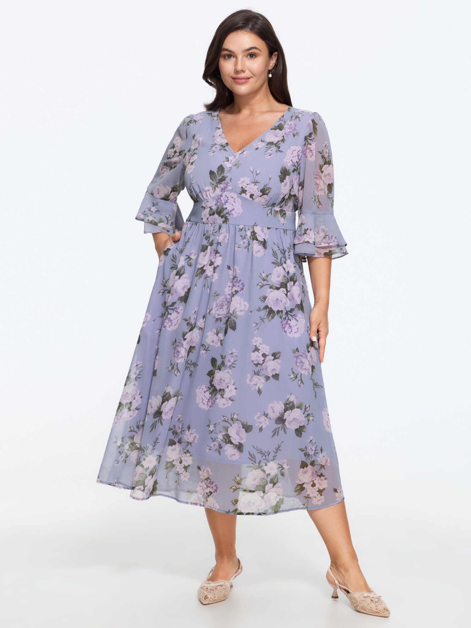BloomChic Women's Plus Size Floral Print Double Layer Sleeve Flowy Midi Dress Bluepurple Floral Midi Elegant Smocked 22-24/3X