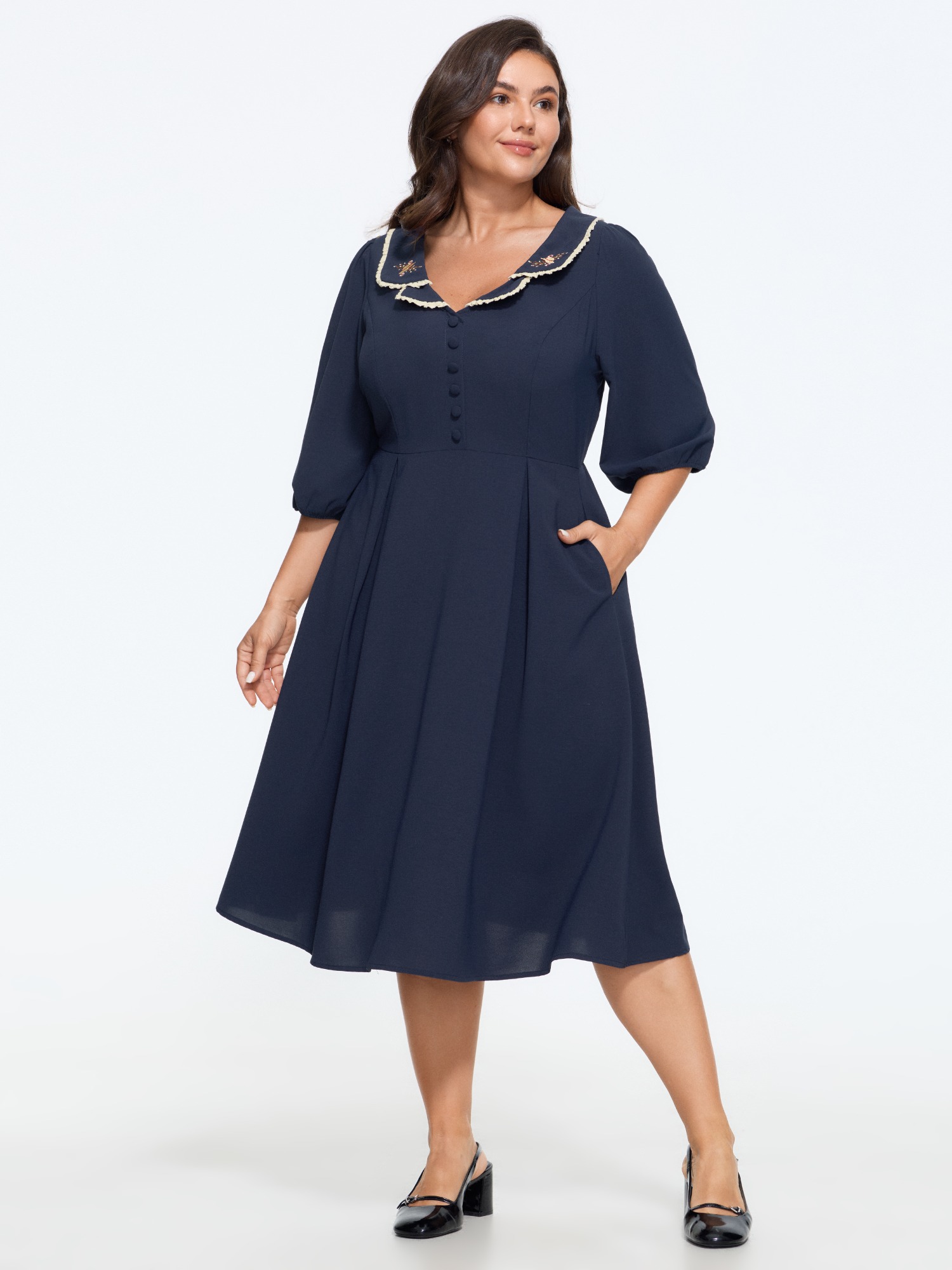 BloomChic Plus Size Peter Pan Collar Floral Embroidered Lace Trim Midi Dress - Curve Ladies DarkBlue Elegant Short sleeve Solid Side Pocket Daily Dresses 14/M