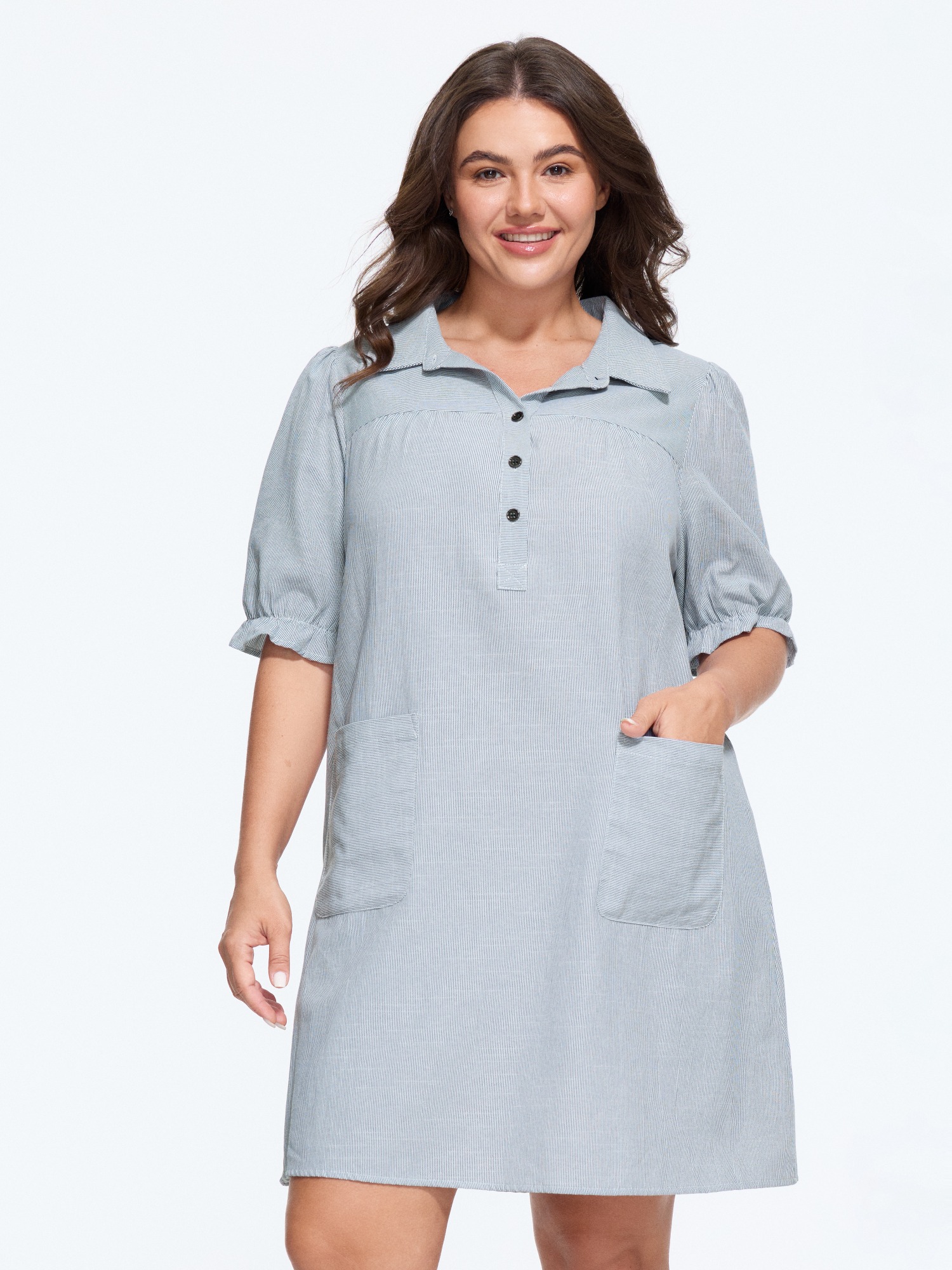 BloomChic Women's Plus Size Striped Half‑Button Pocket Mini Dress Indigo Stripes Mini Everyday-Casual Button Front 12/L