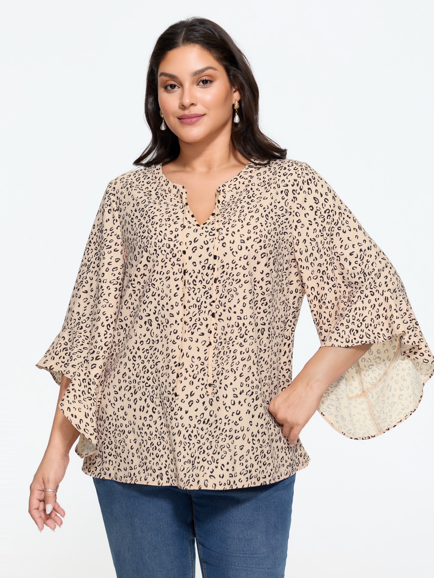 BloomChic Women's Plus Size Leopard Print Flared Sleeve Loose Chiffon Blouse White Swan Polka dots Everyday-Elegant Long Sleeve V-Notch Neck 10/M