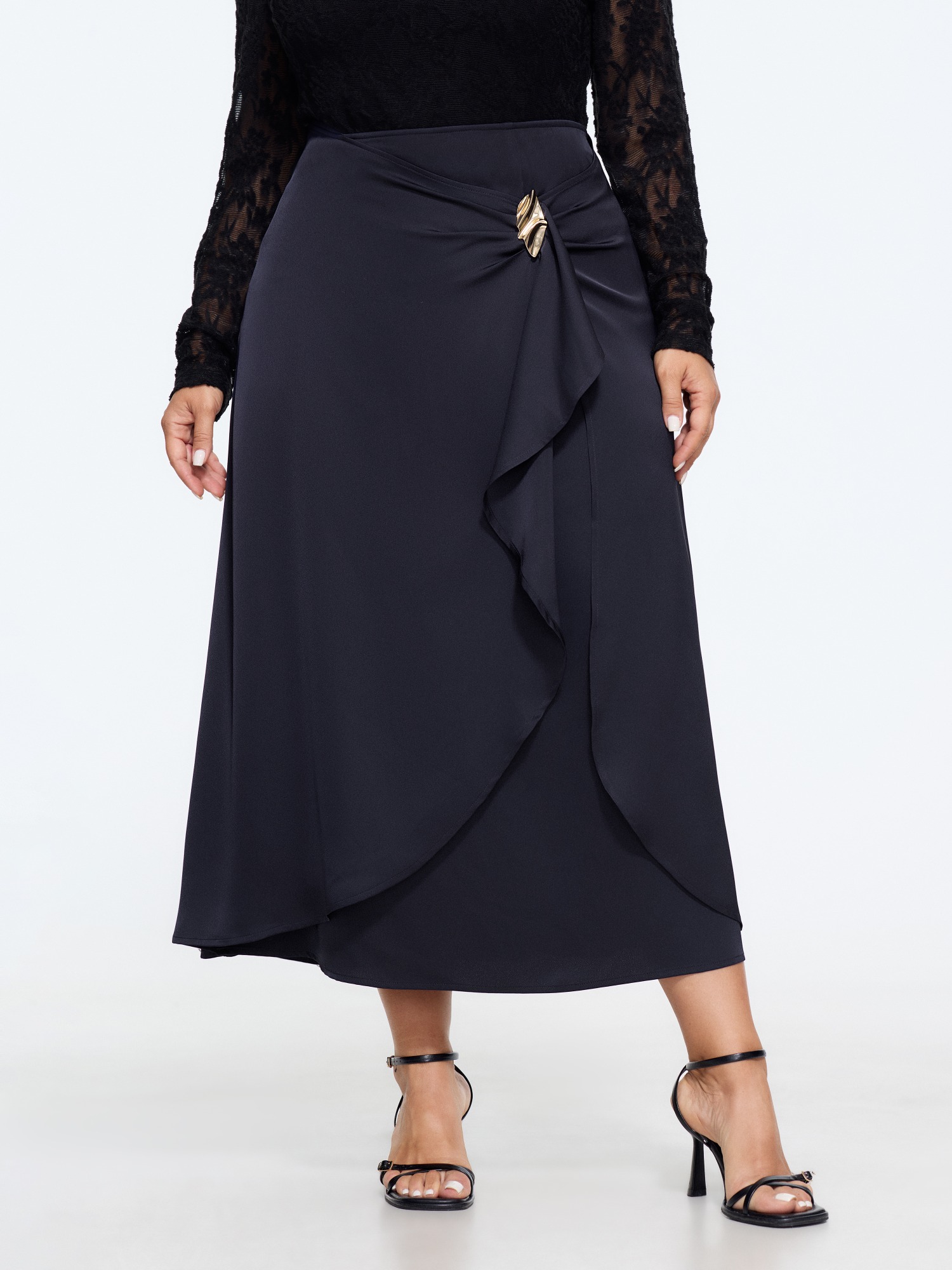 BloomChic Women's Plus Size Satin Ruffle Hem Twisted Waist Flowy Skirt DarkBlue Wrap / Overlap Mermaid Everyday-Elegant 10/M