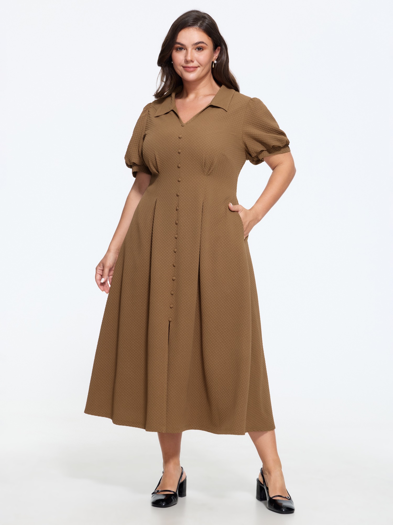 BloomChic Women's Plus Size Textured Button Detail Placket Midi Dress Yellowishbrown Solid Midi Everyday-Elegant Button Front 10/M