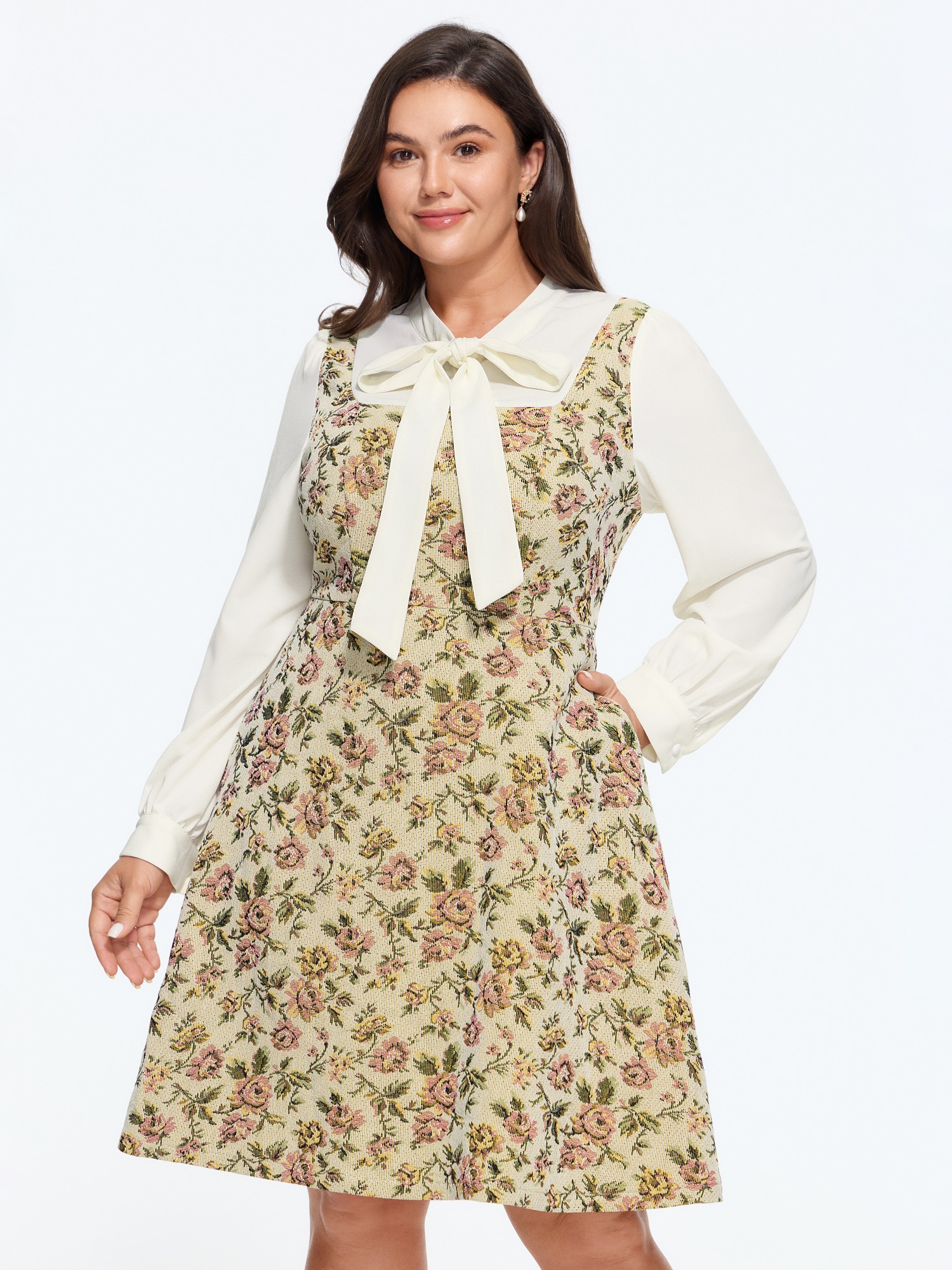 BloomChic Women's Plus Size Retro Rose Bow Tie Collar Patchwork Mini Dress Apricot Floral Mini Everyday-Elegant Colorblock 10/M