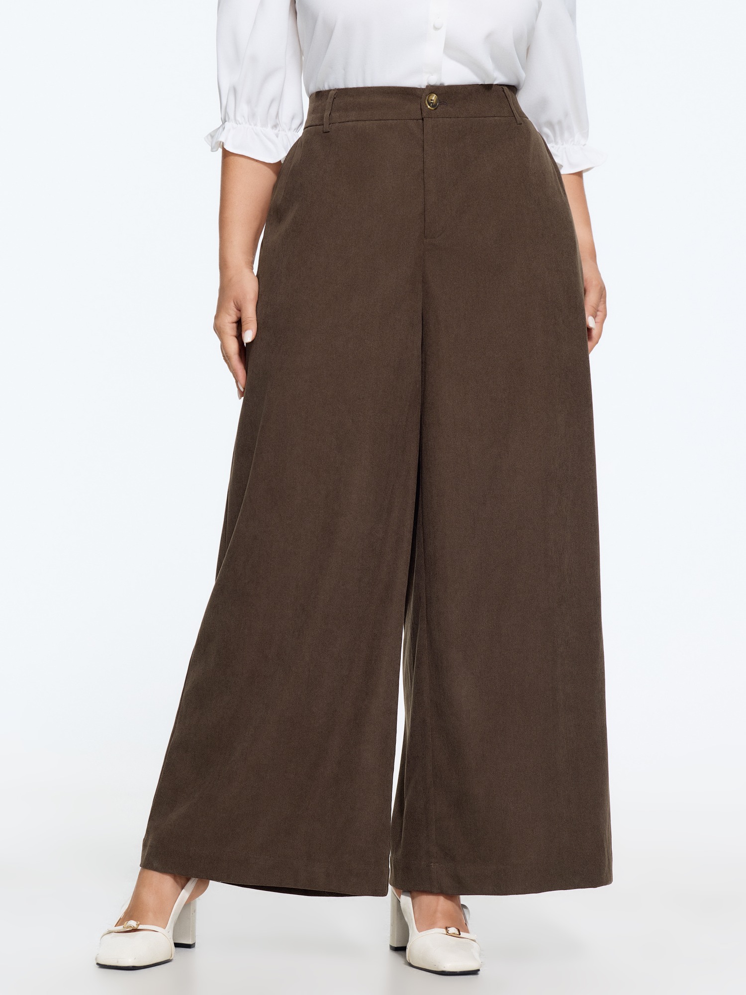 BloomChic Women's Plus Size Stretch Button Corduroy Wide Leg Pants DarkBrown Solid Wide leg Mid Rise Everyday-Casual 30/6X