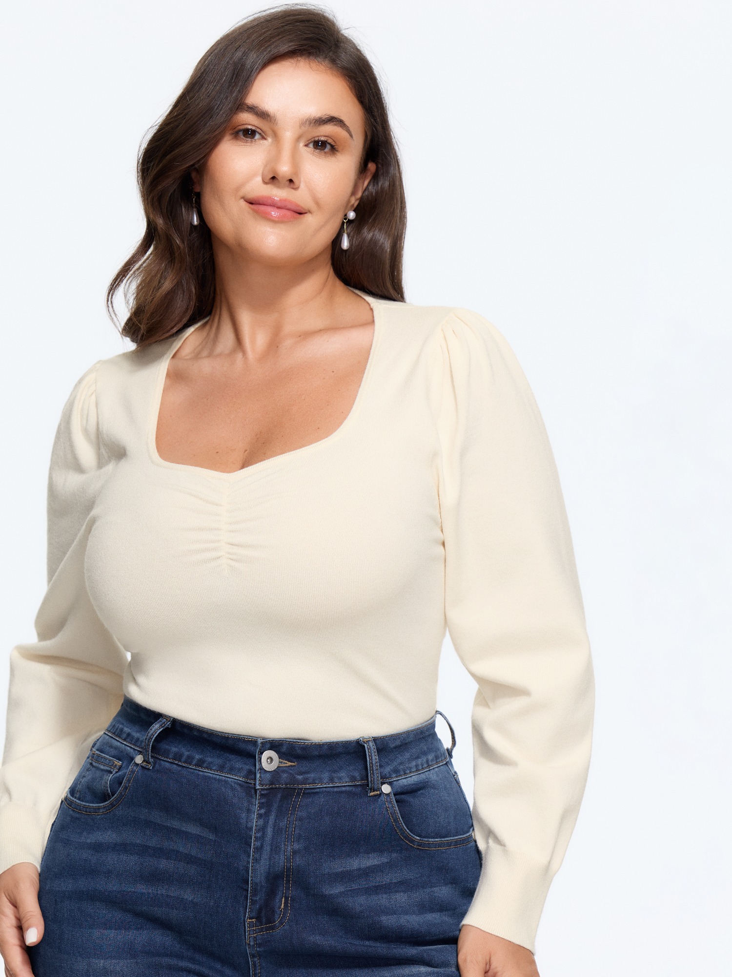 BloomChic Plus Size Supersoft Textured Square Neck Front Ruched Pullover - Curve Women's Winter Square Neck Corset Non Ivory Ribbed Cuff Sleeve Pullovers 16/L