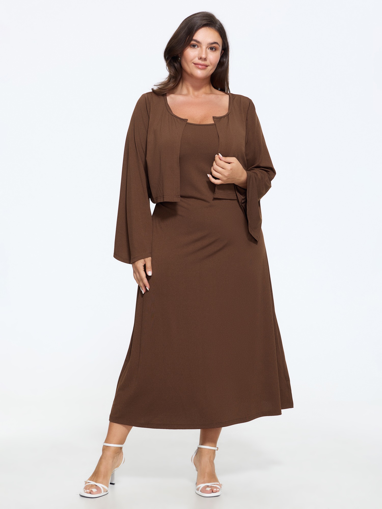 Bloomchic Supersoft Flare Sleeve Cropped Cardigan Two‑piece Dress Set In Browncoffeecolor