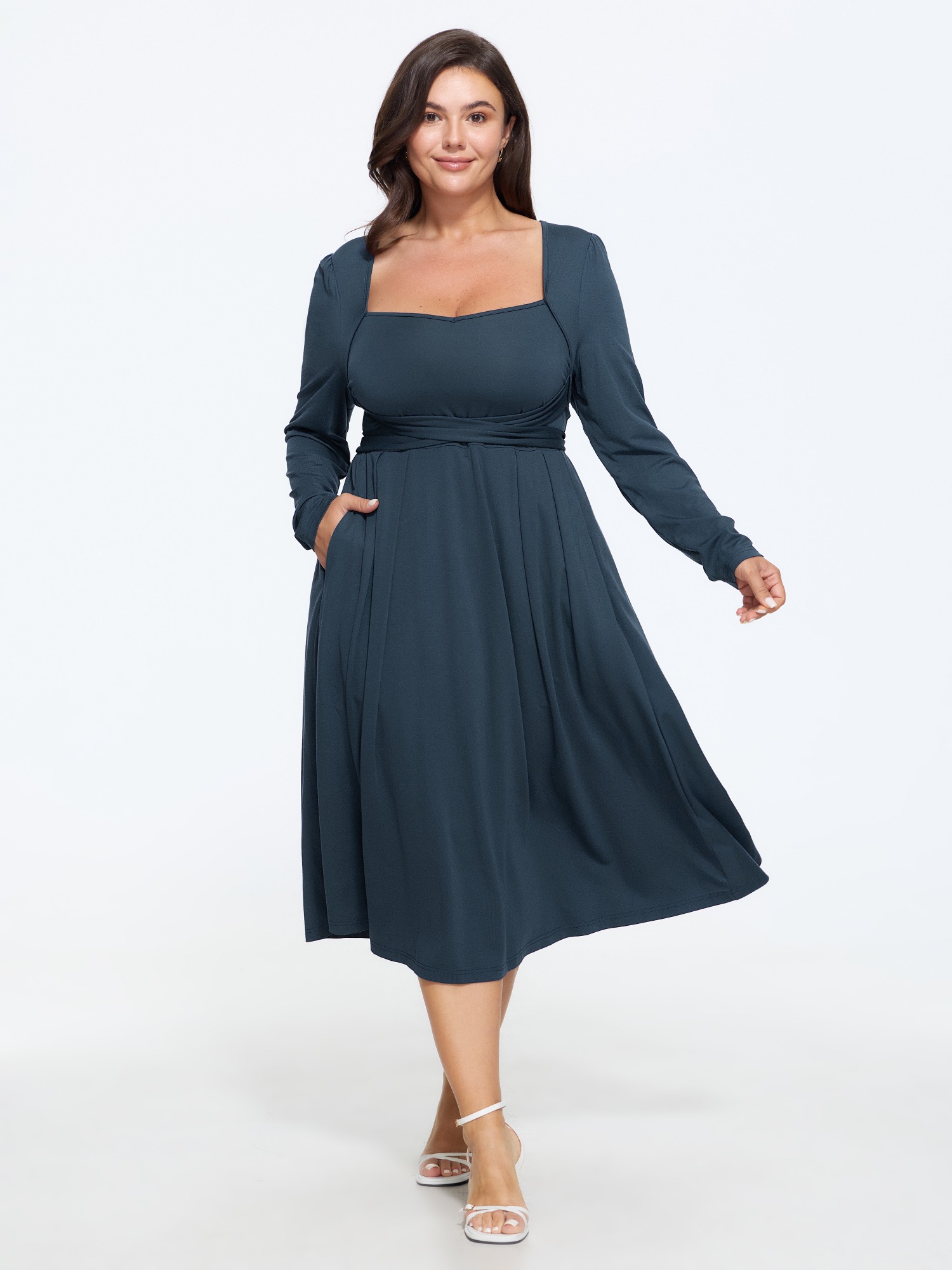 Bloomchic Stretch Square Neck Cross Tie Waist Midi Dress In Aegean