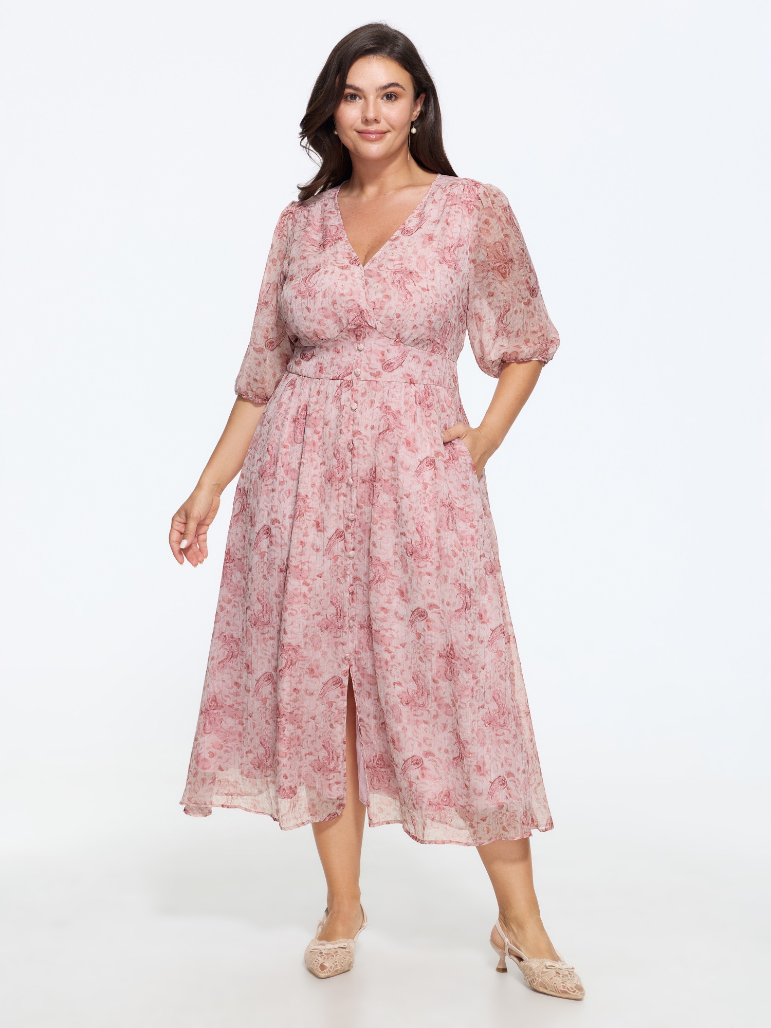 Bloomchic Floral Print Split Hem Chiffon Midi Dress In Blush