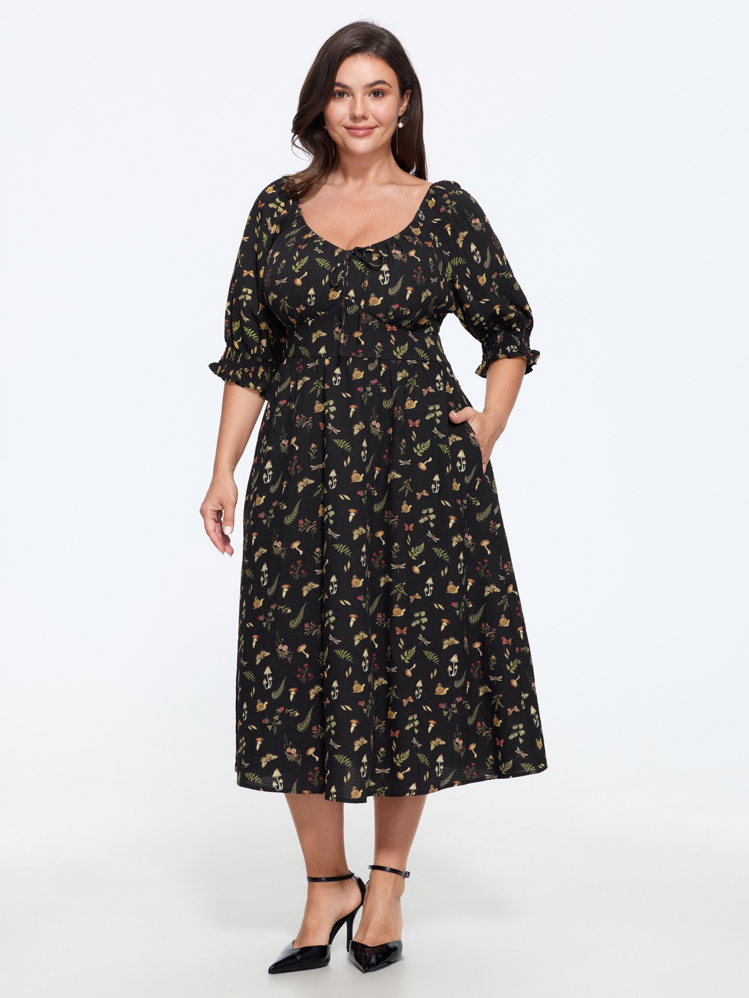 Bloomchic Mushroom Print Square Neck Puff Sleeve Midi Dress In Black