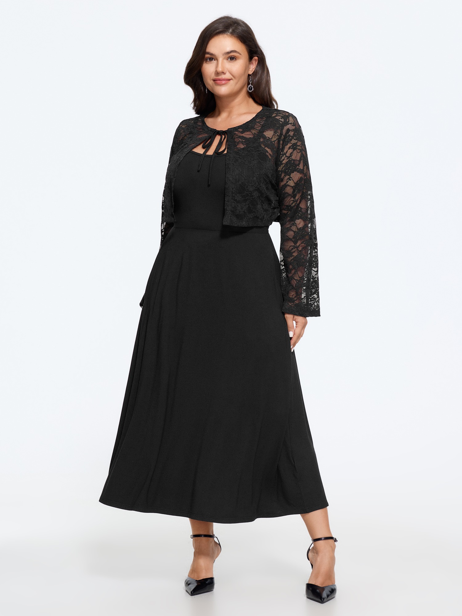 Bloomchic Supersoft Two-piece Lace Shrug Sleeveless Midi Dress In Black