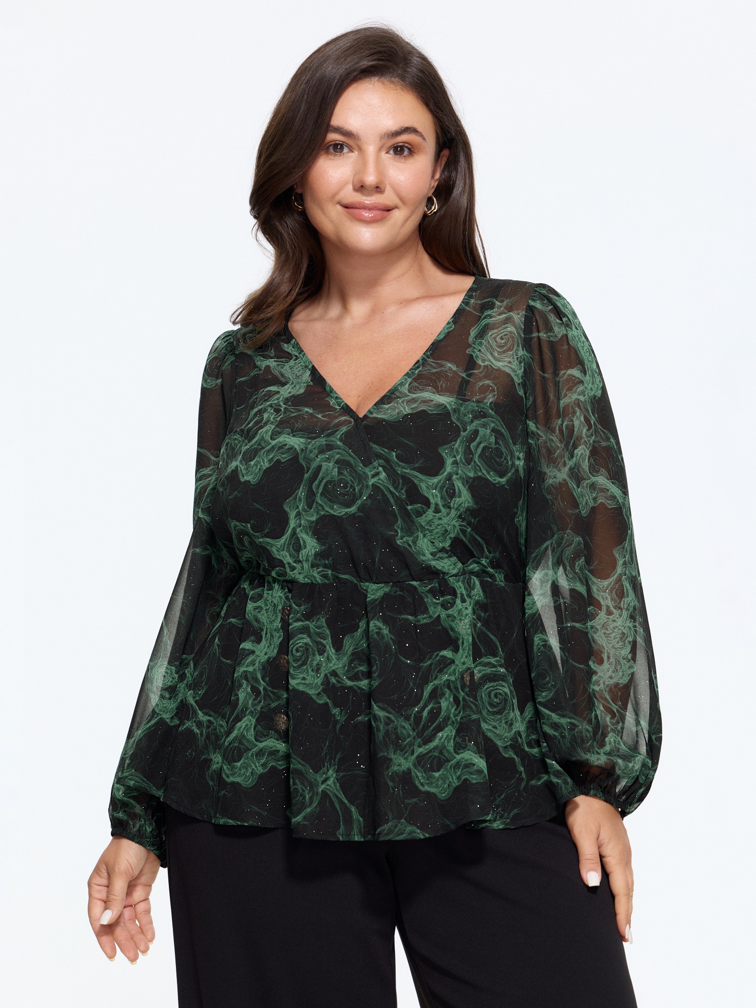 BloomChic Women's Plus Size V‑Neck Swirl Print Sheer Blouse Black Ripple Everyday-Elegant Long Sleeve V-Neck 26/4X