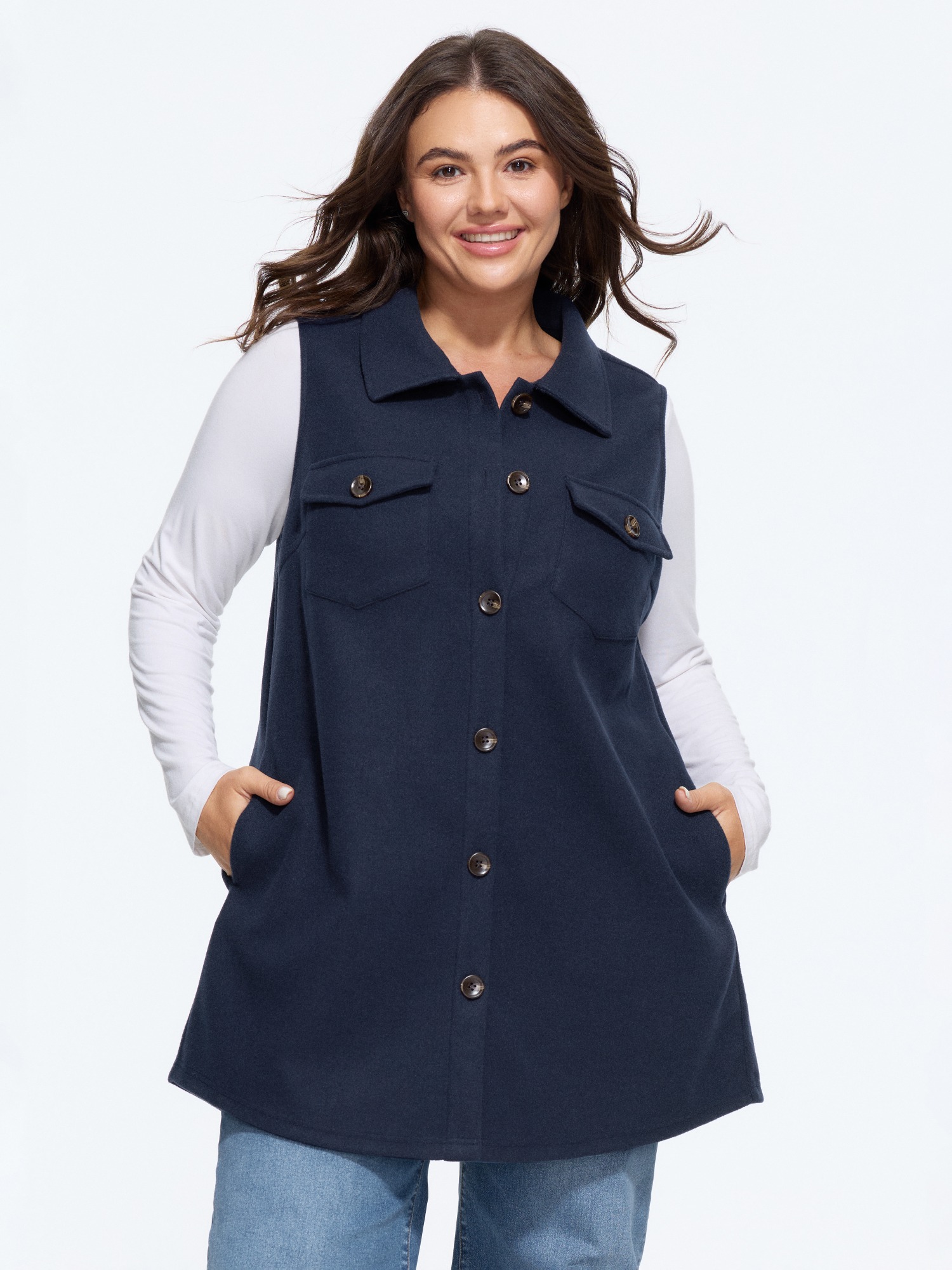 BloomChic Women's Plus Size Collared Button Down Pocket Sleeveless Jacket Ocean Button Front Straight fit 10/M