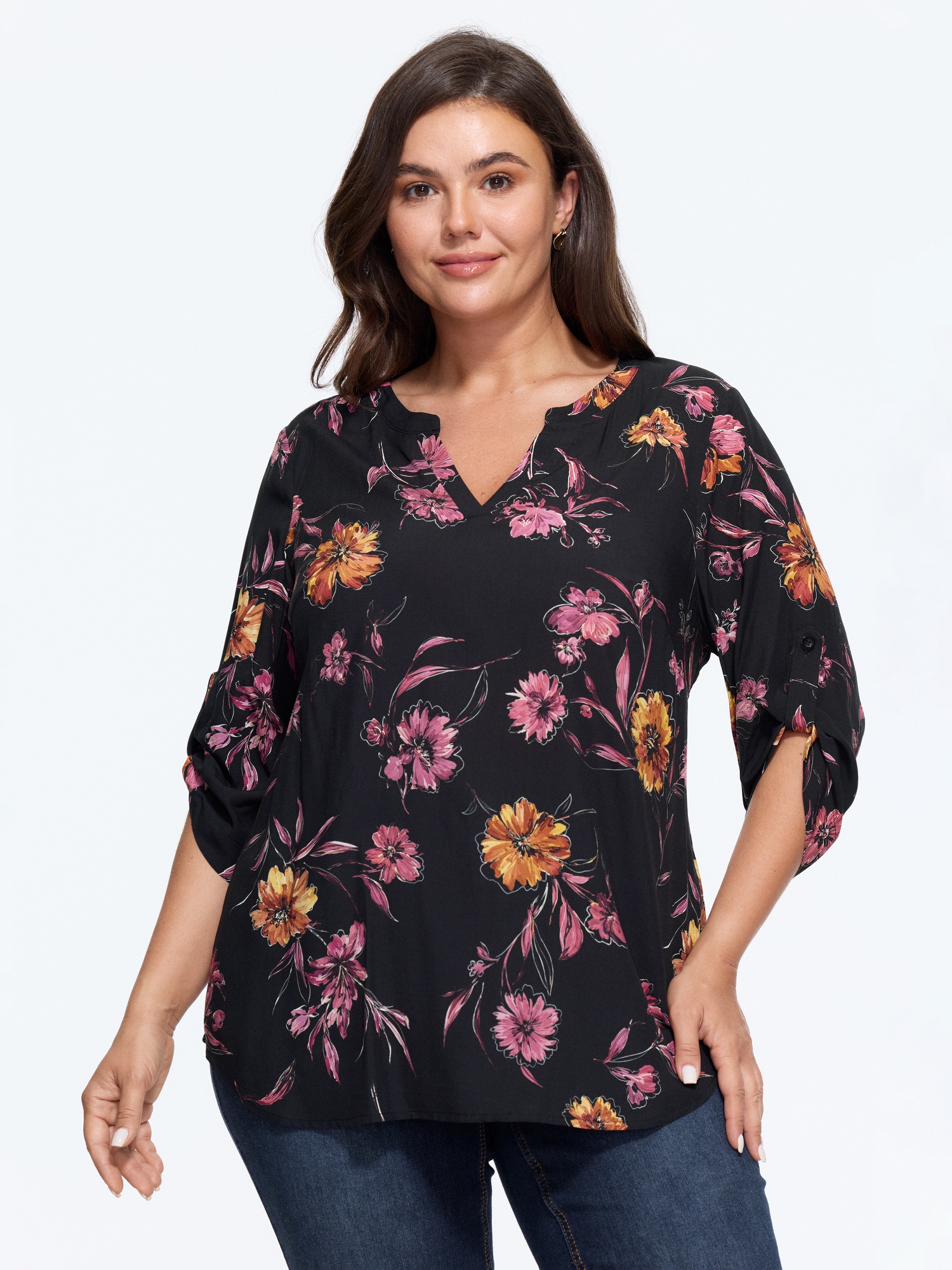BloomChic Women's Plus Size Vintage Floral Print Roll Tab Sleeve Blouse Black Floral Everyday-Elegant 3/4 Sleeve V-Notch Neck 10/M