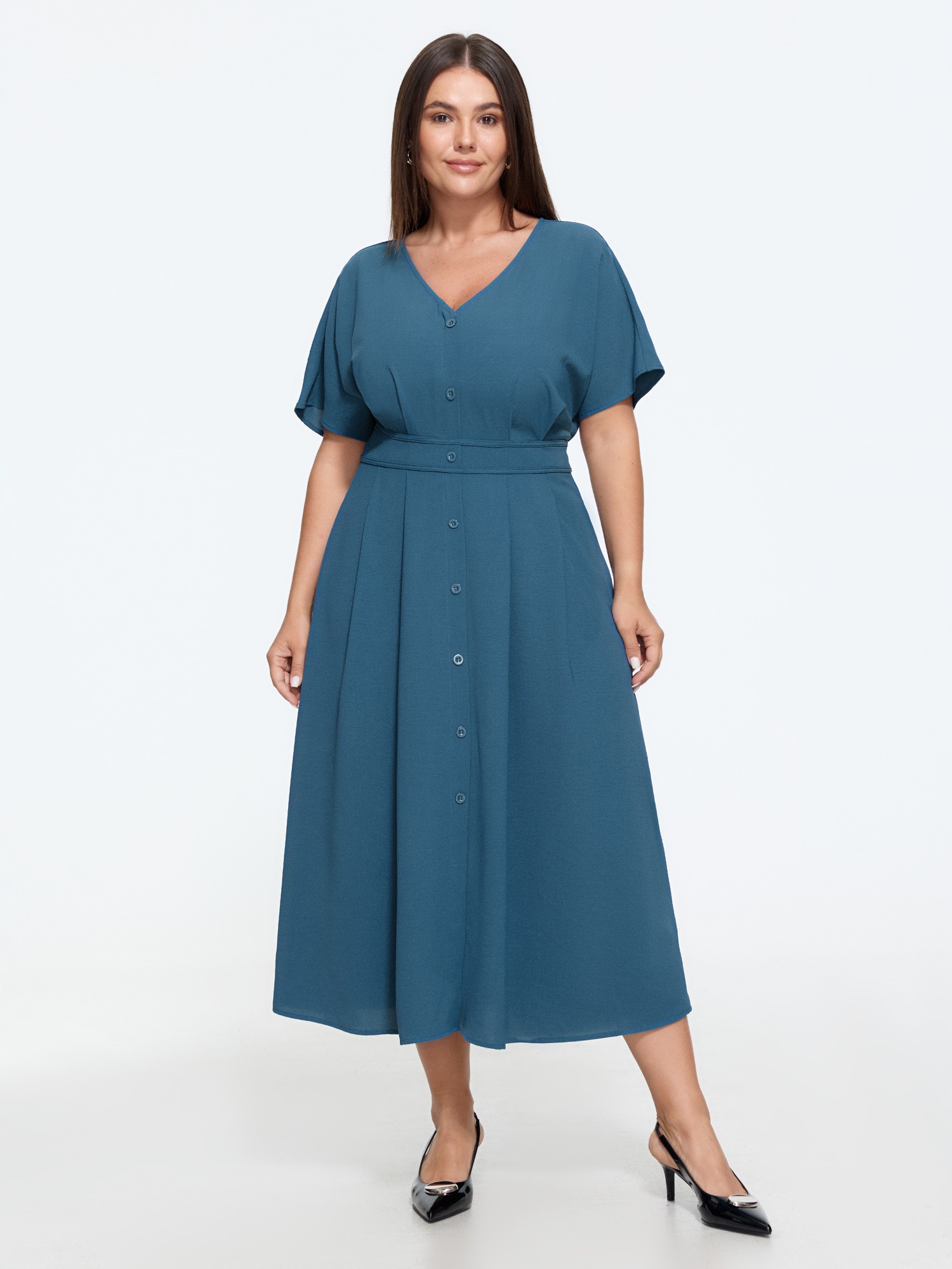 Bloomchic V‑neck Button Front Pleated Midi Dress In Aegean