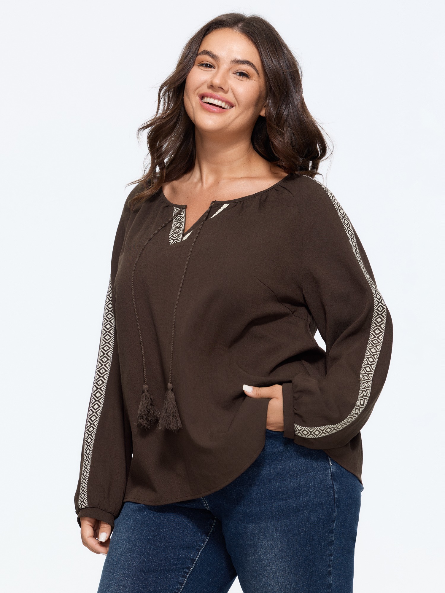 BloomChic Women's Plus Size Geometric Tape Tassel Tie Blouse DarkBrown Solid Everyday-Casual Long Sleeve V-Notch Neck 10/M