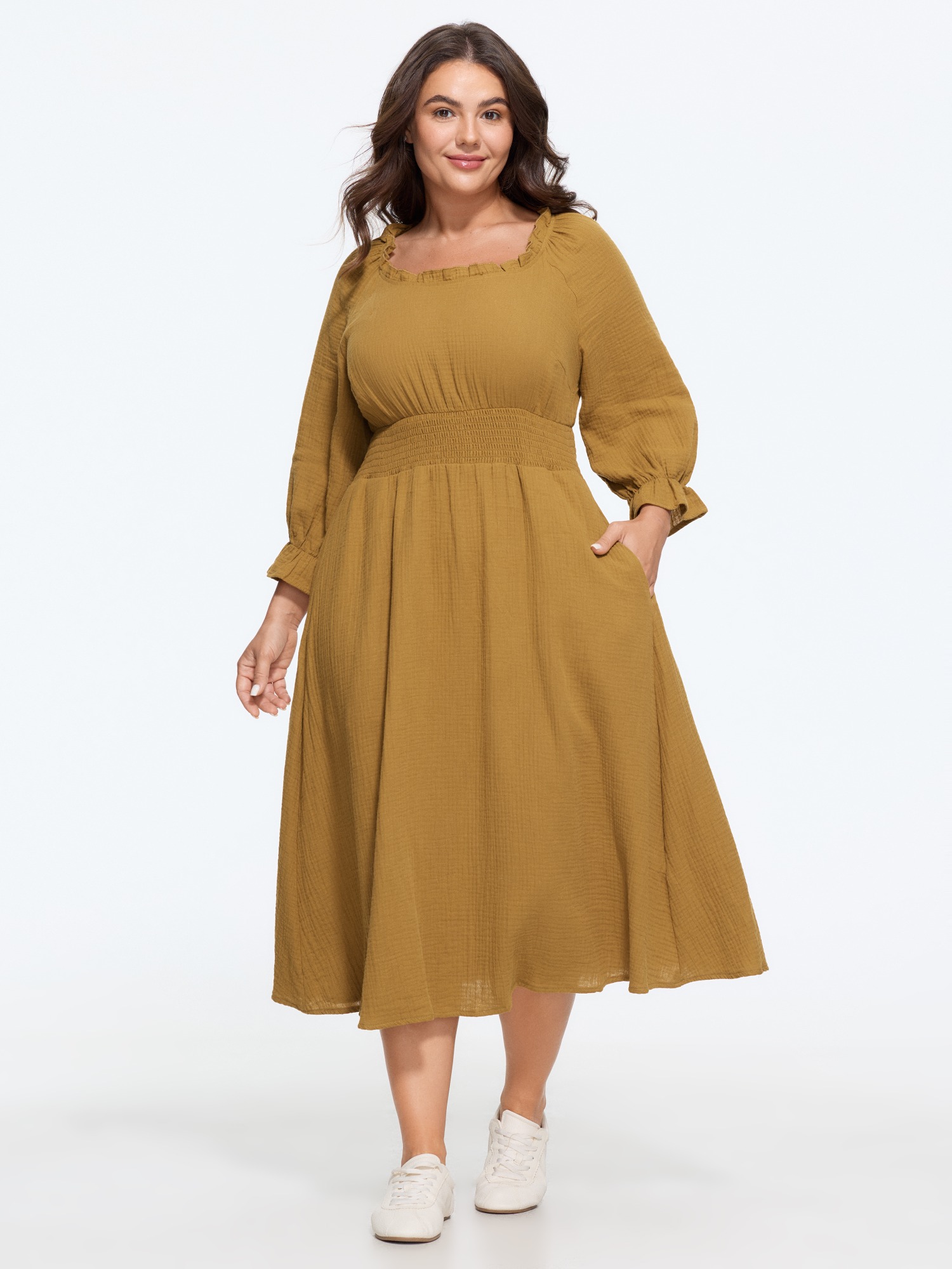 Bloomchic Cotton Textured Shirred Waist Ruffle Midi Dress In Turmeric
