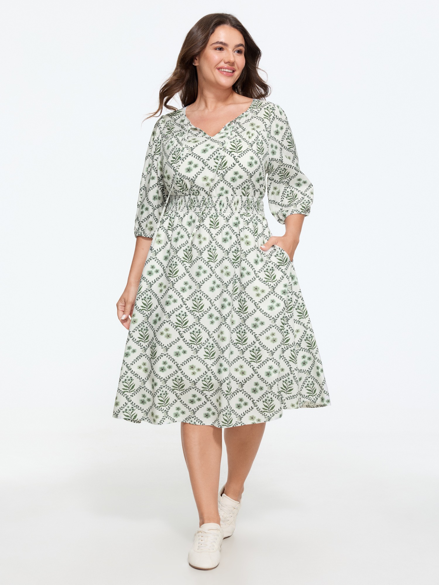 Bloomchic Supersoft Floral Print Tie Neck Shirred Waist Midi Dress In Greenbean