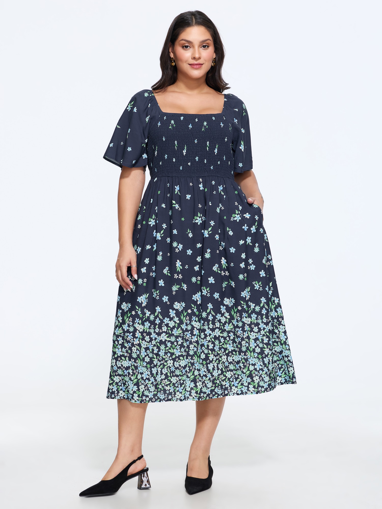 Bloomchic Floral Print Double Sleeve Shirred Midi Dress In Indigo