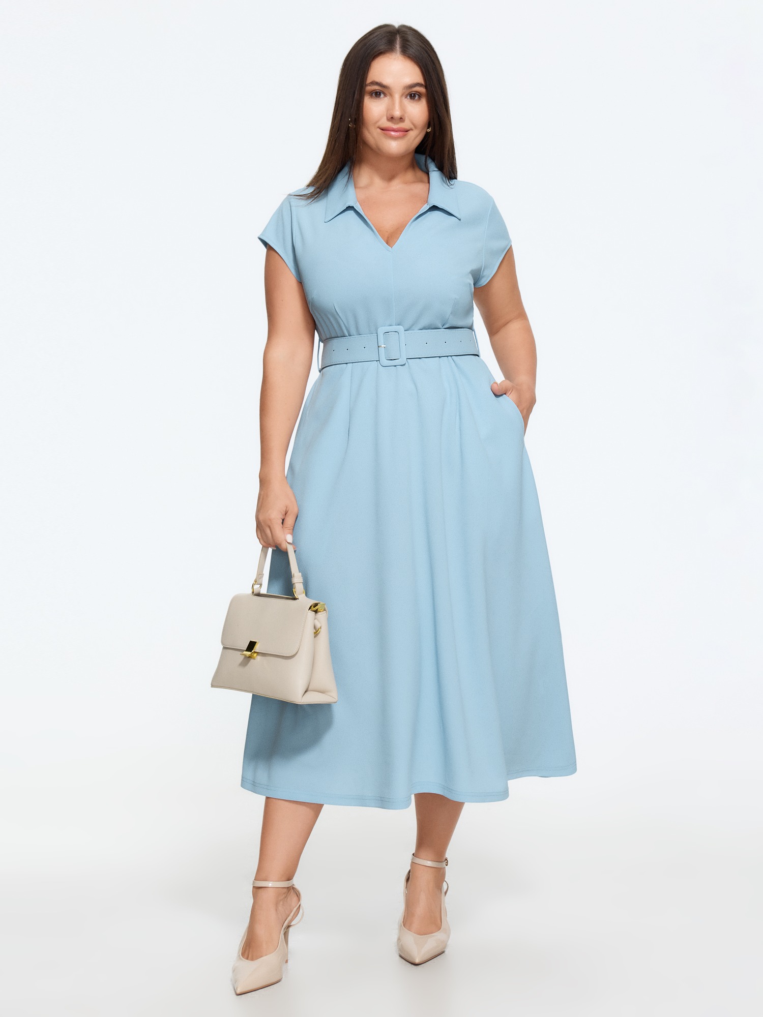 Bloomchic Solid Lapel Collar Belted Midi Dress In Lightblue