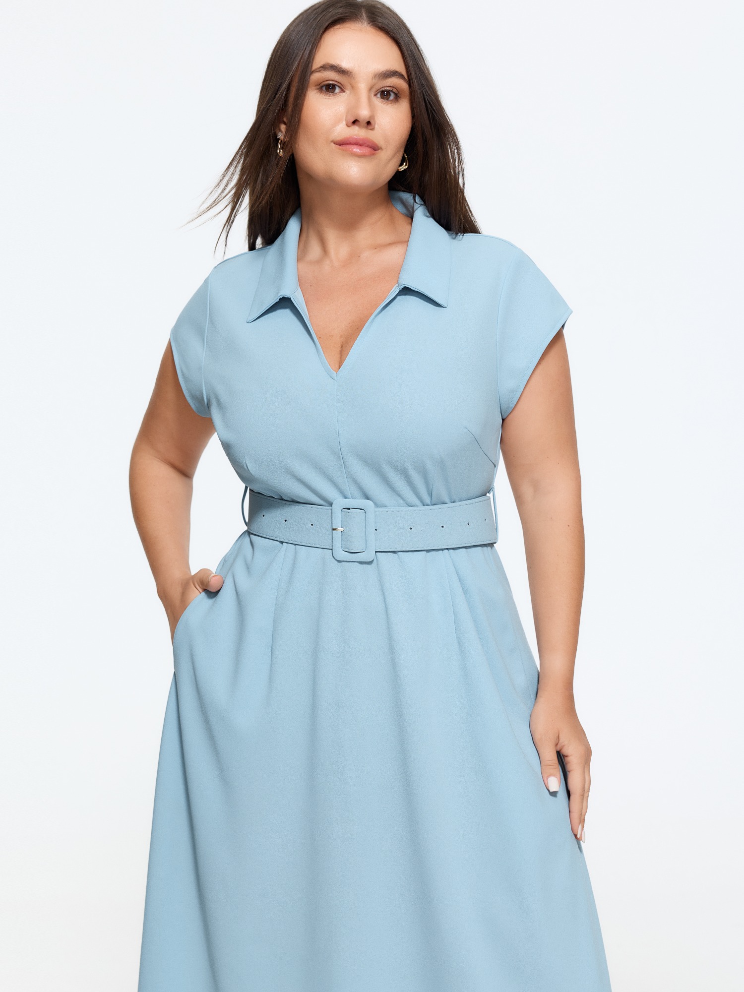 Bloomchic Solid Lapel Collar Belted Midi Dress In Lightblue