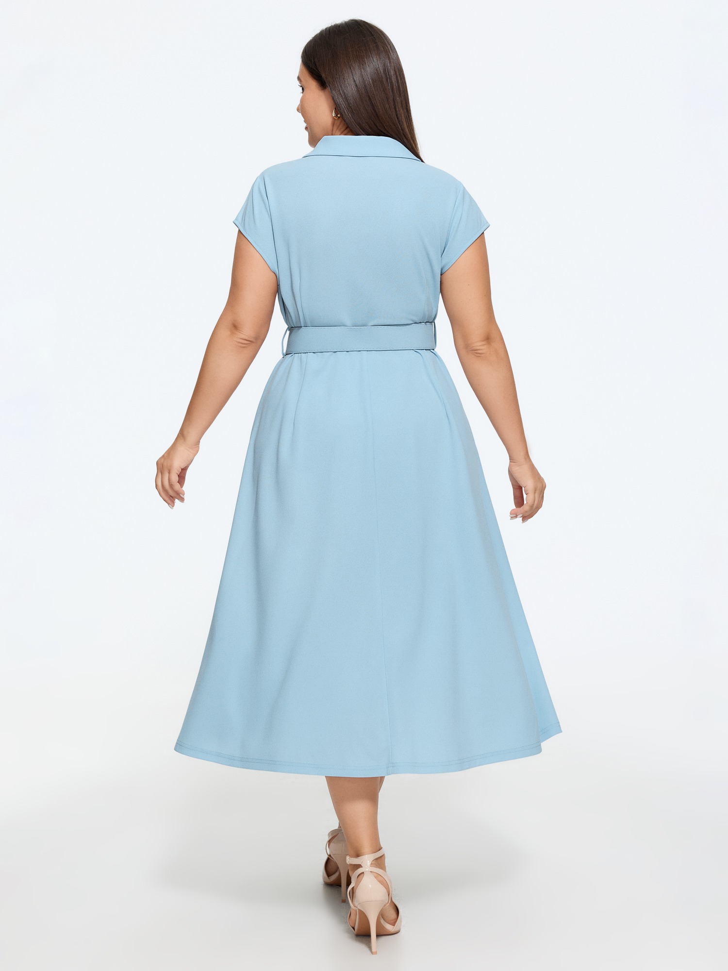 Bloomchic Solid Lapel Collar Belted Midi Dress In Lightblue