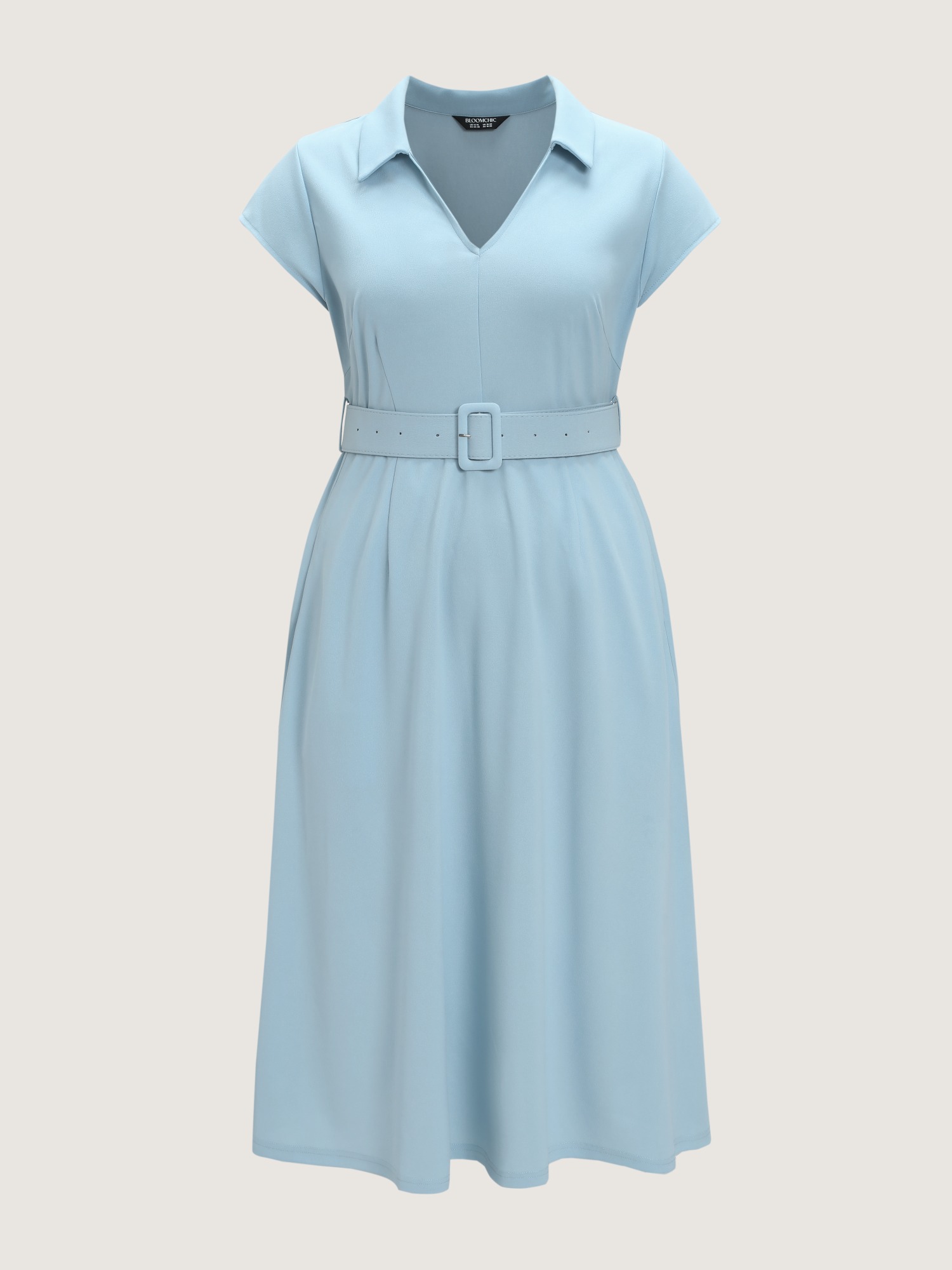 Bloomchic Solid Lapel Collar Belted Midi Dress In Lightblue