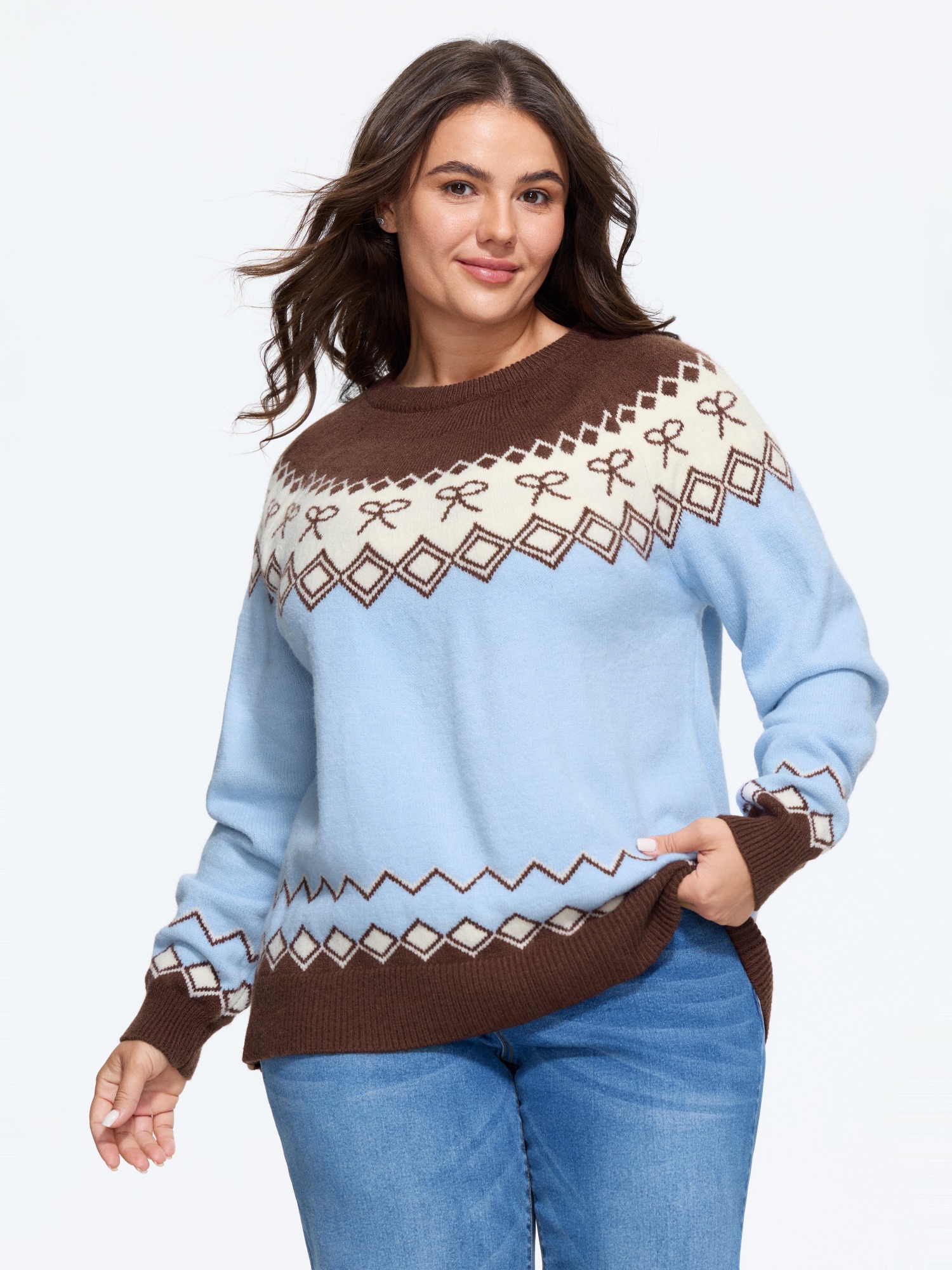 BloomChic Women's Plus Size Retro Bow & Diamond Pattern Color Contrast Pullover LightBlue Long Sleeve Round Neck 10/M