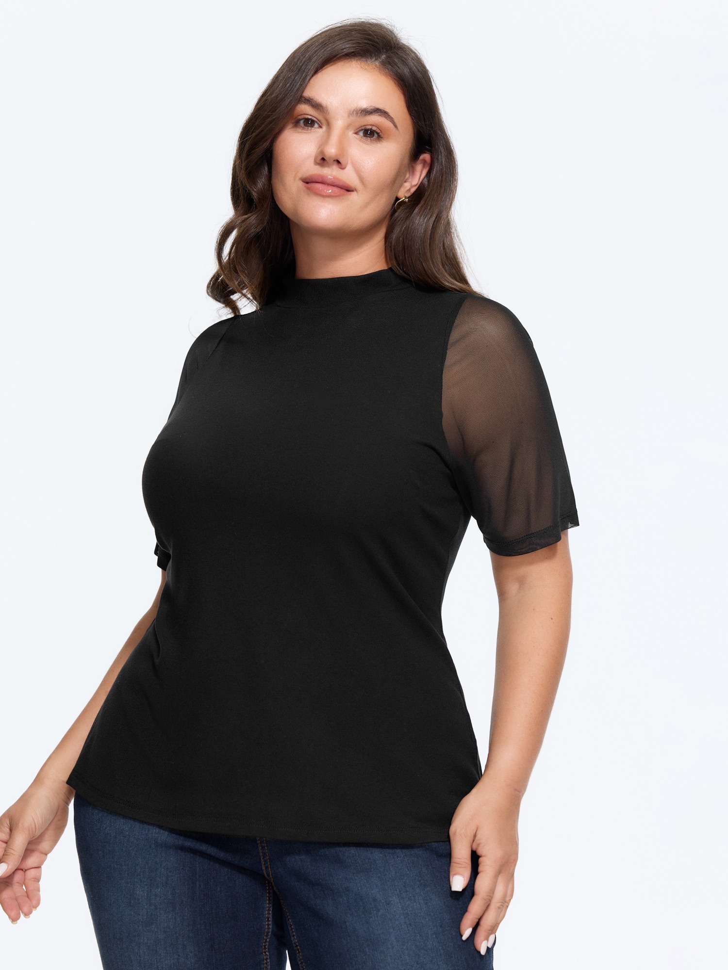 Bloomchic Stretch Mesh Mock Neck T-shirt In Black