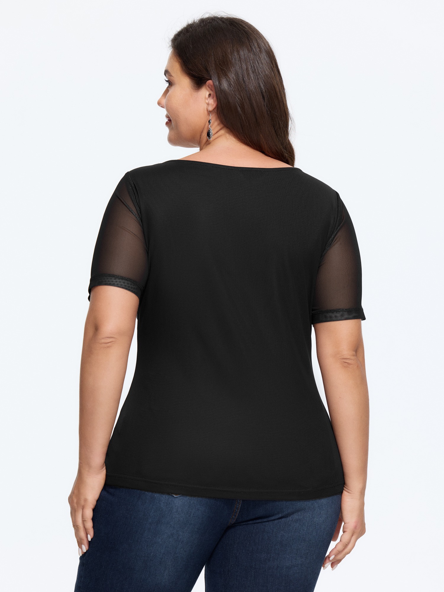 Bloomchic Stretch Mesh Mock Neck T-shirt In Black