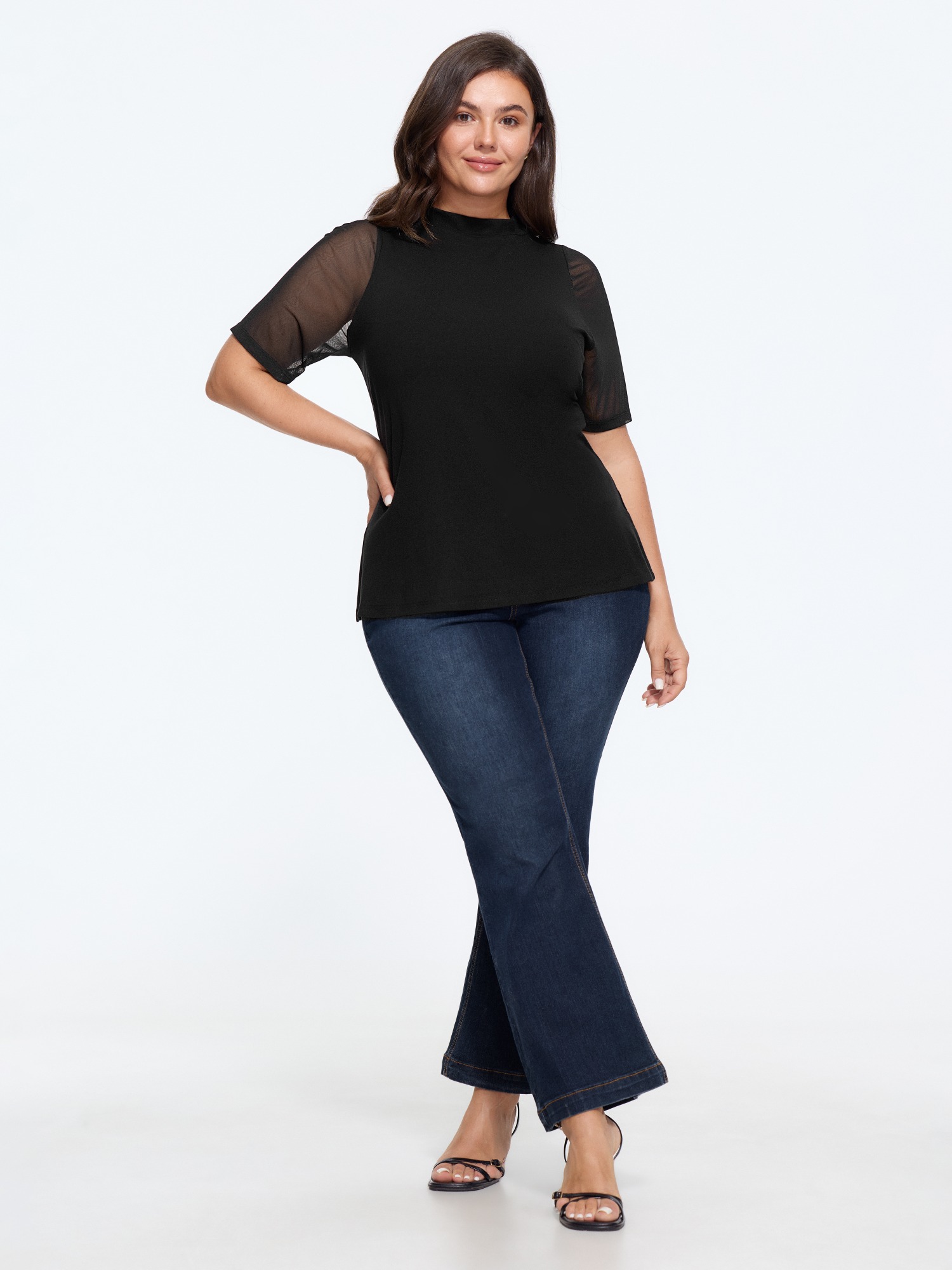 Bloomchic Stretch Mesh Mock Neck T-shirt In Black