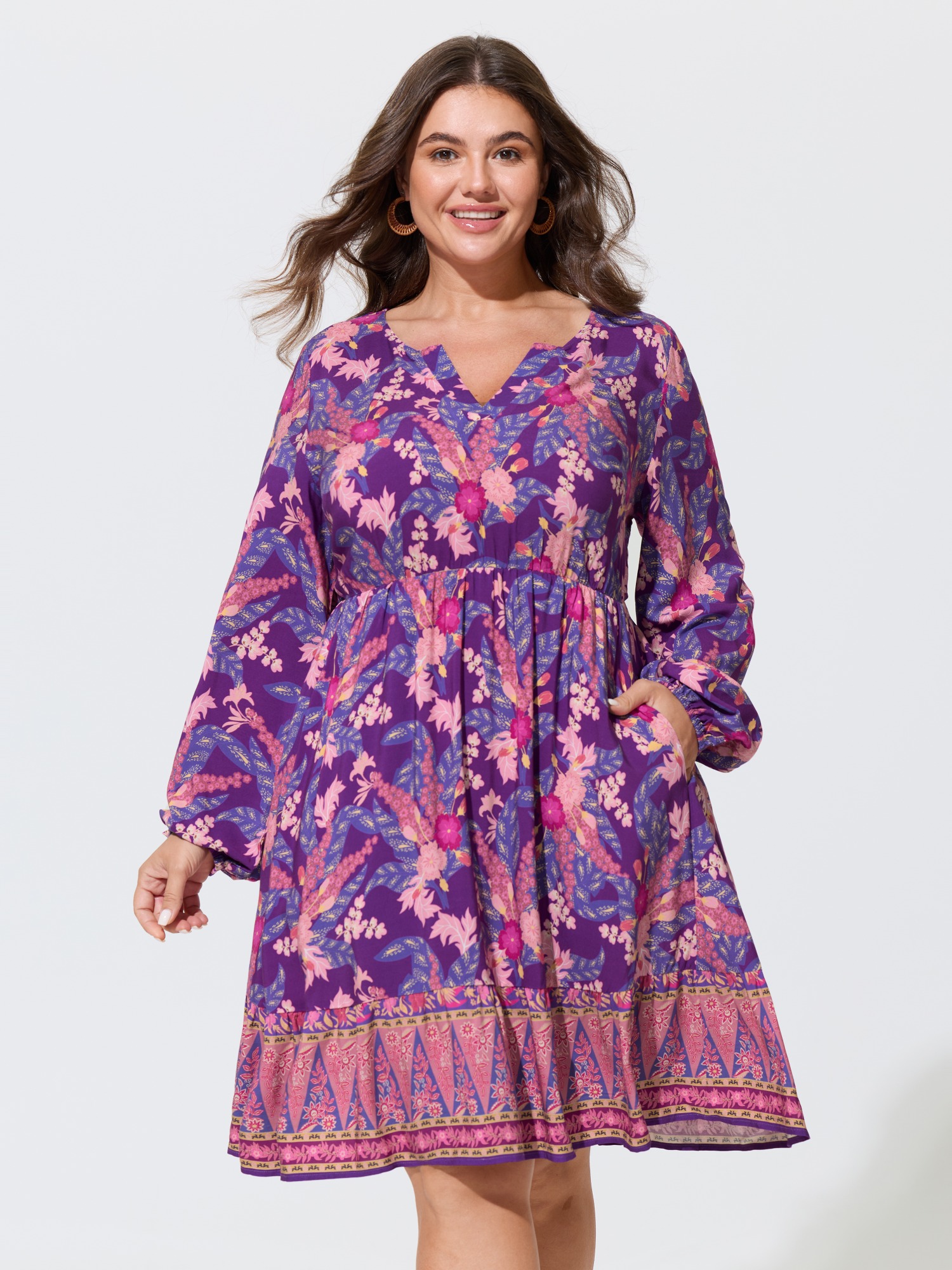 Bloomchic Floral Print Long Sleeve Elastic Waist Mini Dress In Deeppurple