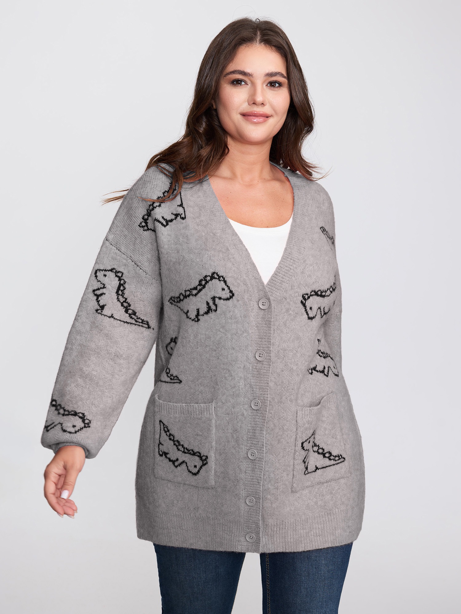 BloomChic Women's Plus Size Jacquard Dinosaur Print Knit Cardigan Silver Long Sleeve V-Neck 10/M