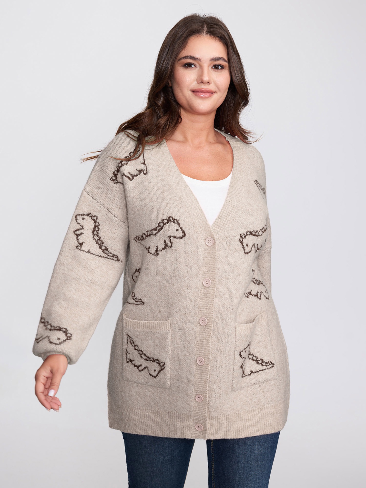 BloomChic Women's Plus Size Jacquard Dinosaur Print Knit Cardigan Pumice Stone Long Sleeve V-Neck 10/M