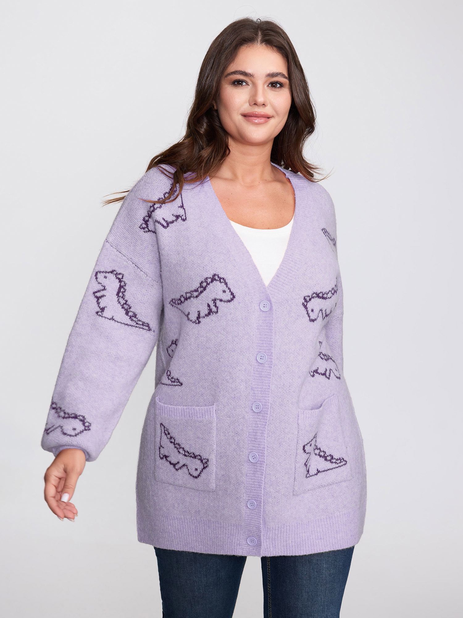 BloomChic Women's Plus Size Jacquard Dinosaur Print Knit Cardigan Lavender Aura Long Sleeve V-Neck 10/M