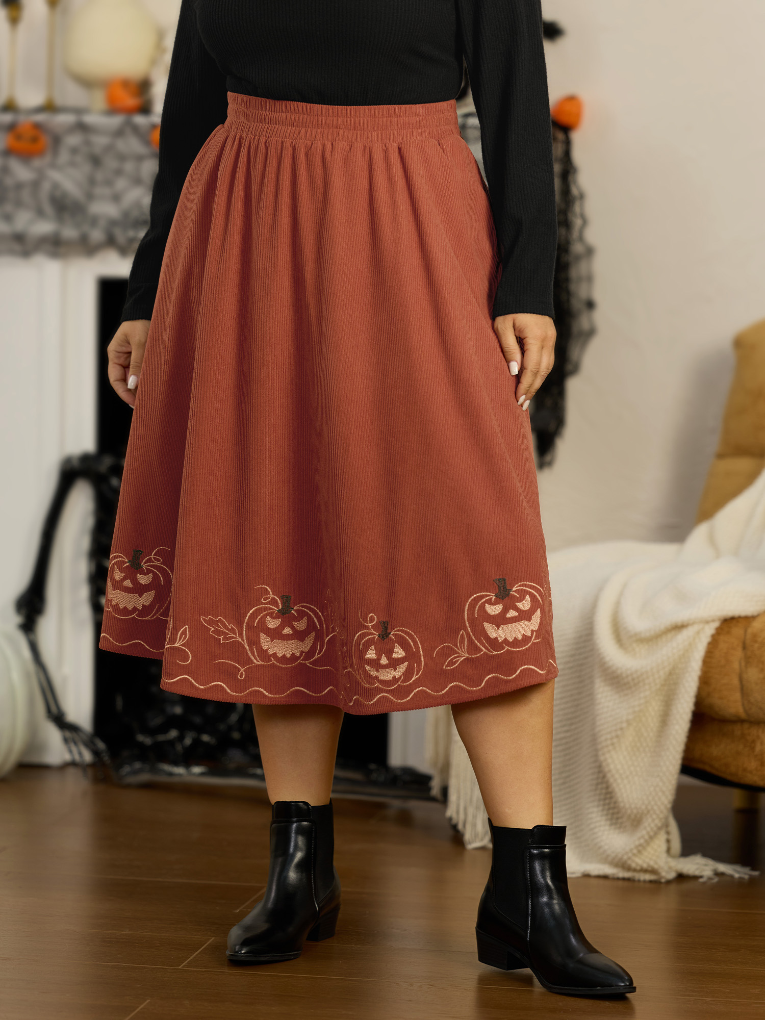 BloomChic Women's Plus Size Stretch Pumpkin Embroidery Halloween Midi Skirt Yellowishbrown Embroidered Empire Everyday-Casual 10/M