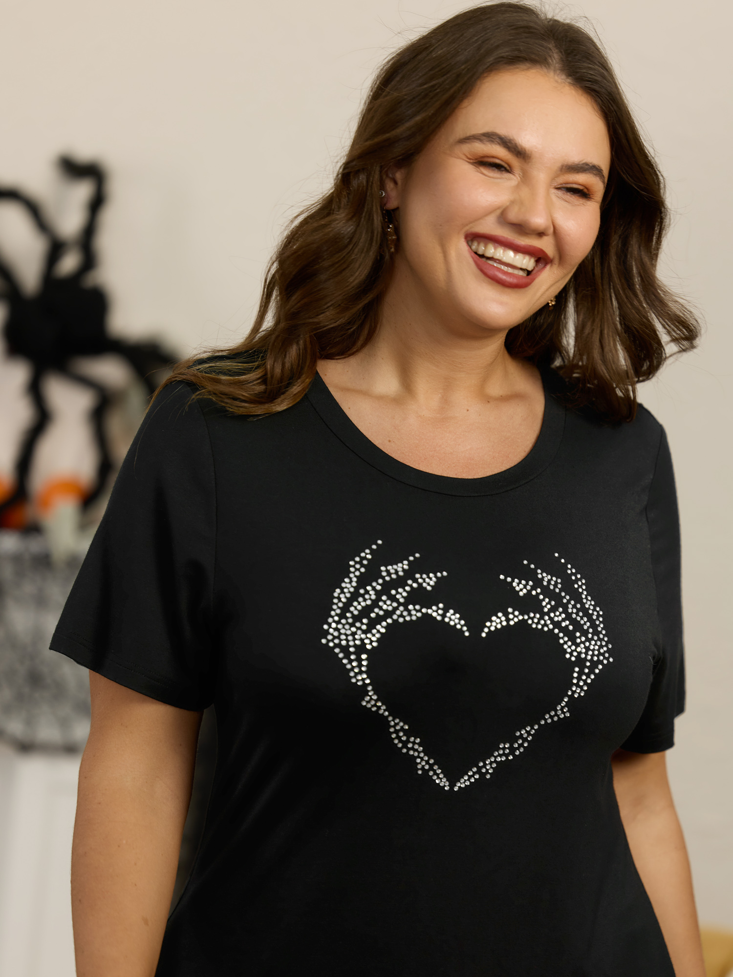 BloomChic Plus Size Rhinestone Skeleton Hand Heart Graphic T-Shirt - Women's Black Solid Round Neck Comfort Midsection Fit Long Sleeve Playful T-shirts 16/L