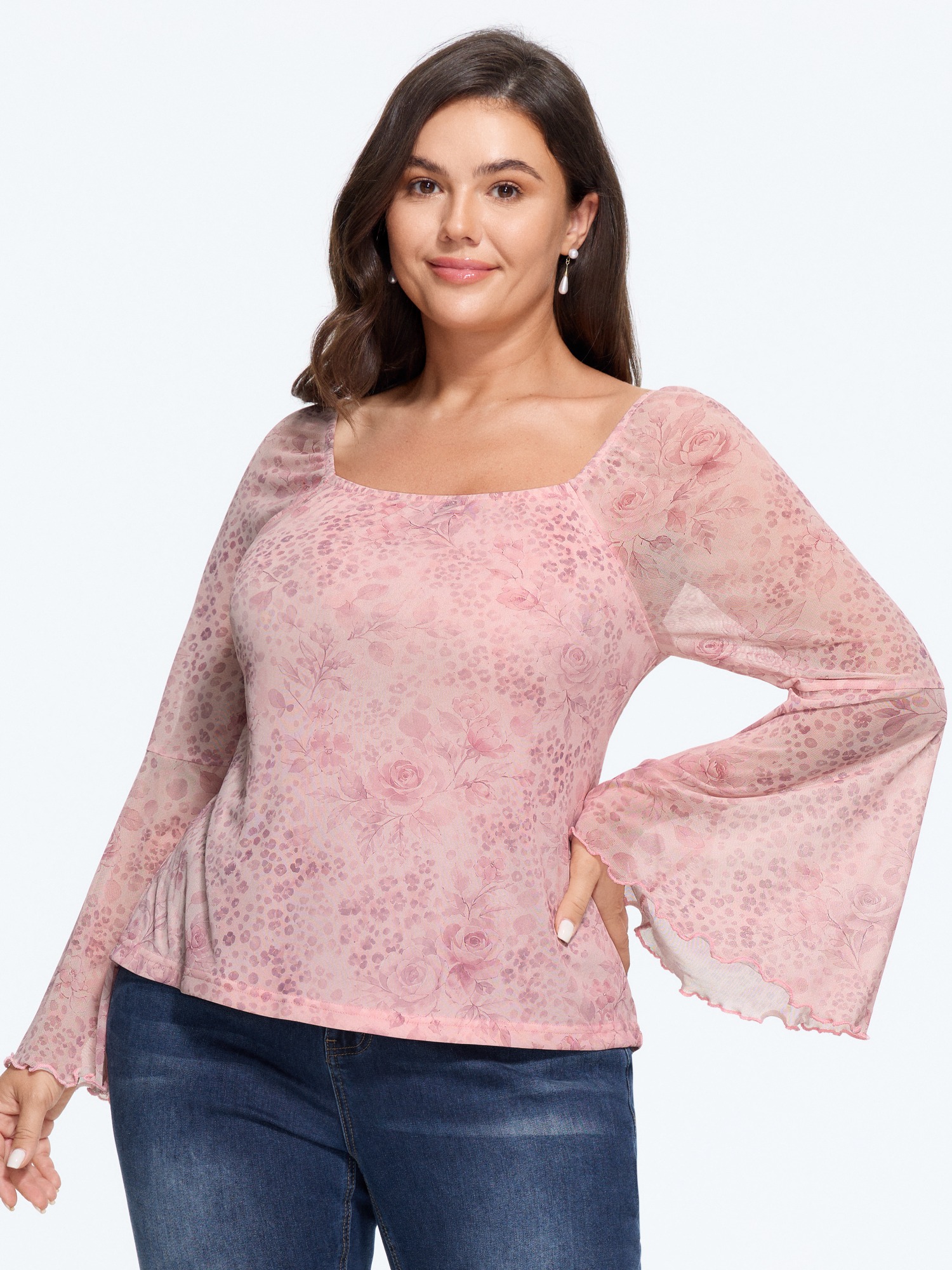 Bloomchic Romantic Floral Print Flare Sleeve Mesh Top In Crepe